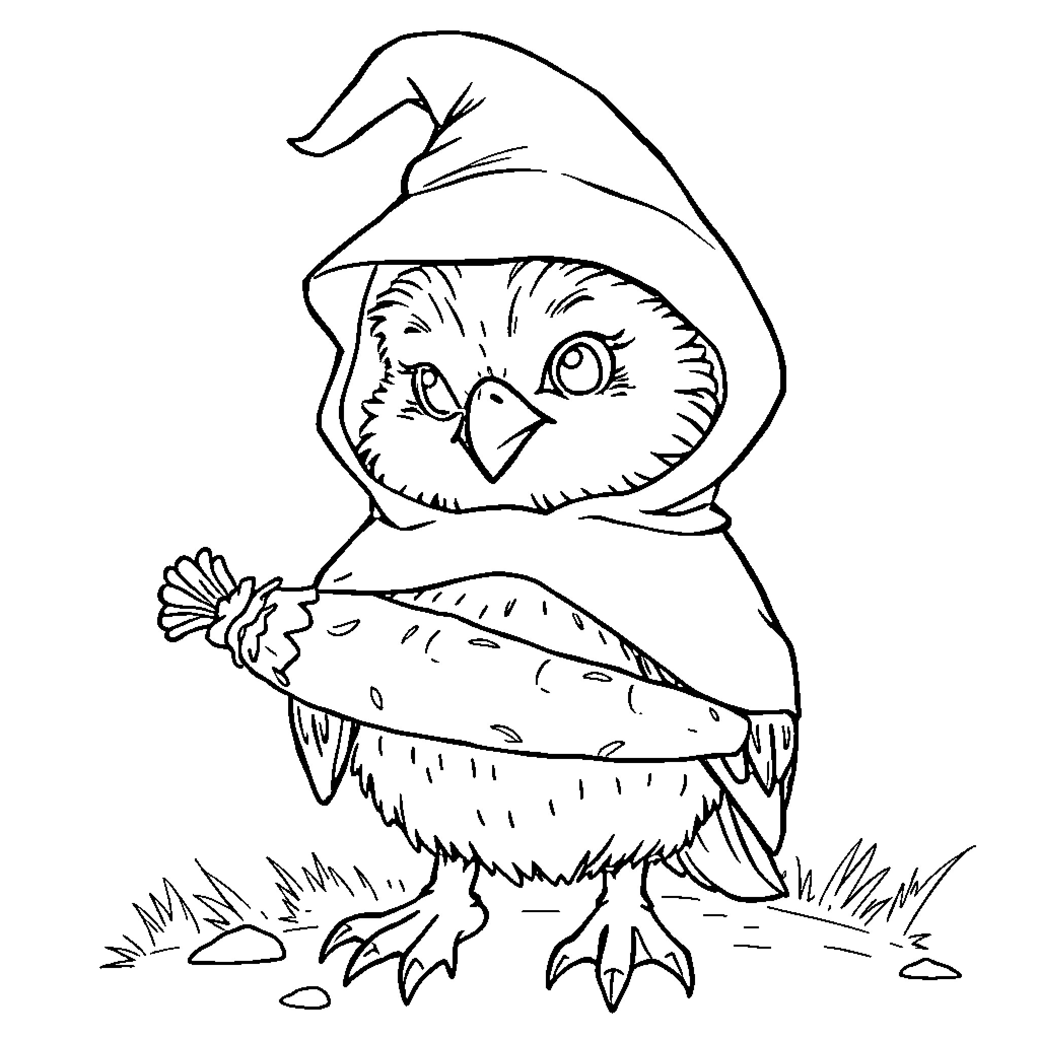 Igel the Curious Owl in Autumn Attire Coloring Page (free black-and-white line drawing printable PDF for all, from beginners to advanced learners, including children, teens, adults, and seniors)