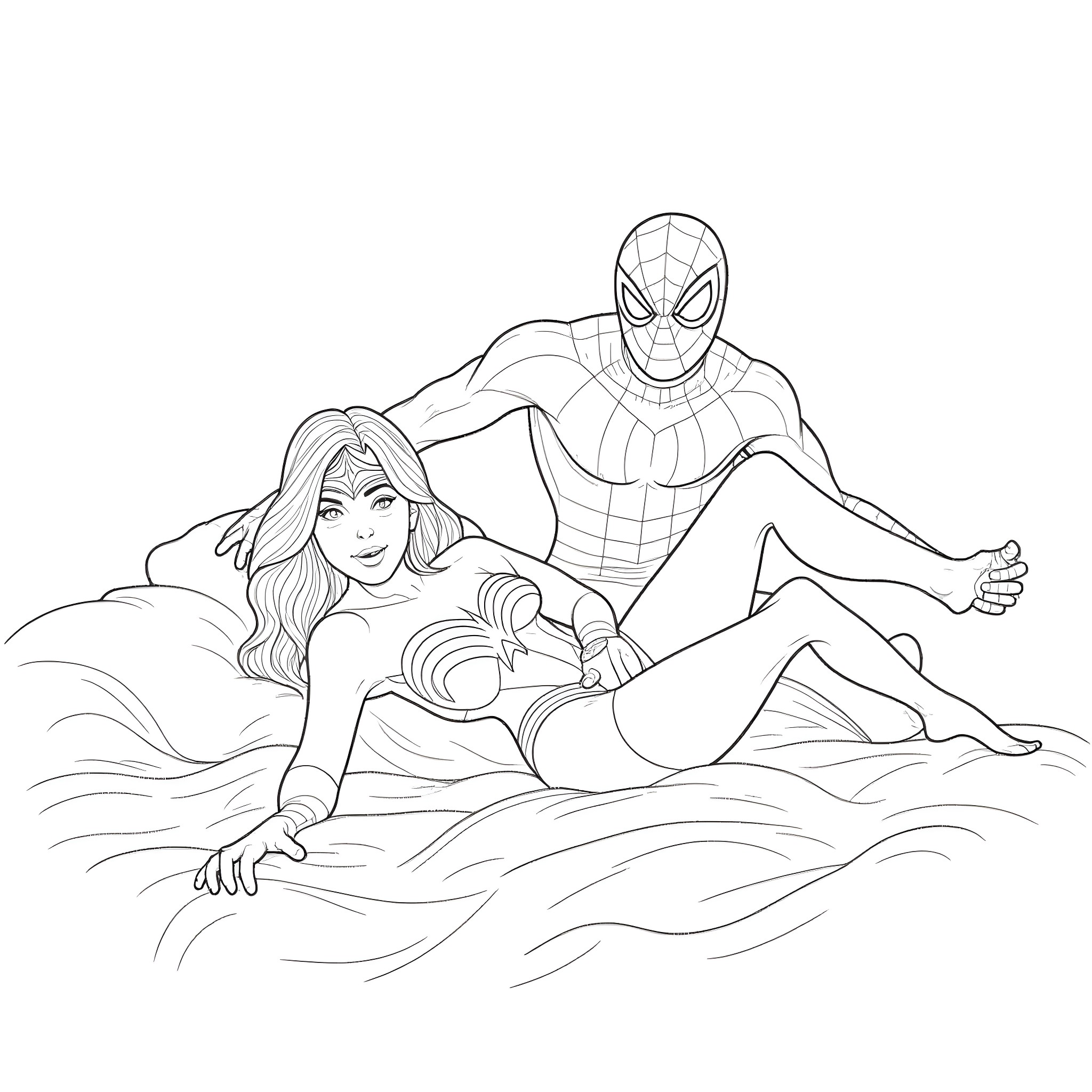 Wonder Woman and Spider-Man in action Coloring Page (free black-and-white line drawing printable PDF for all, from beginners to advanced learners, including children, teens, adults, and seniors)