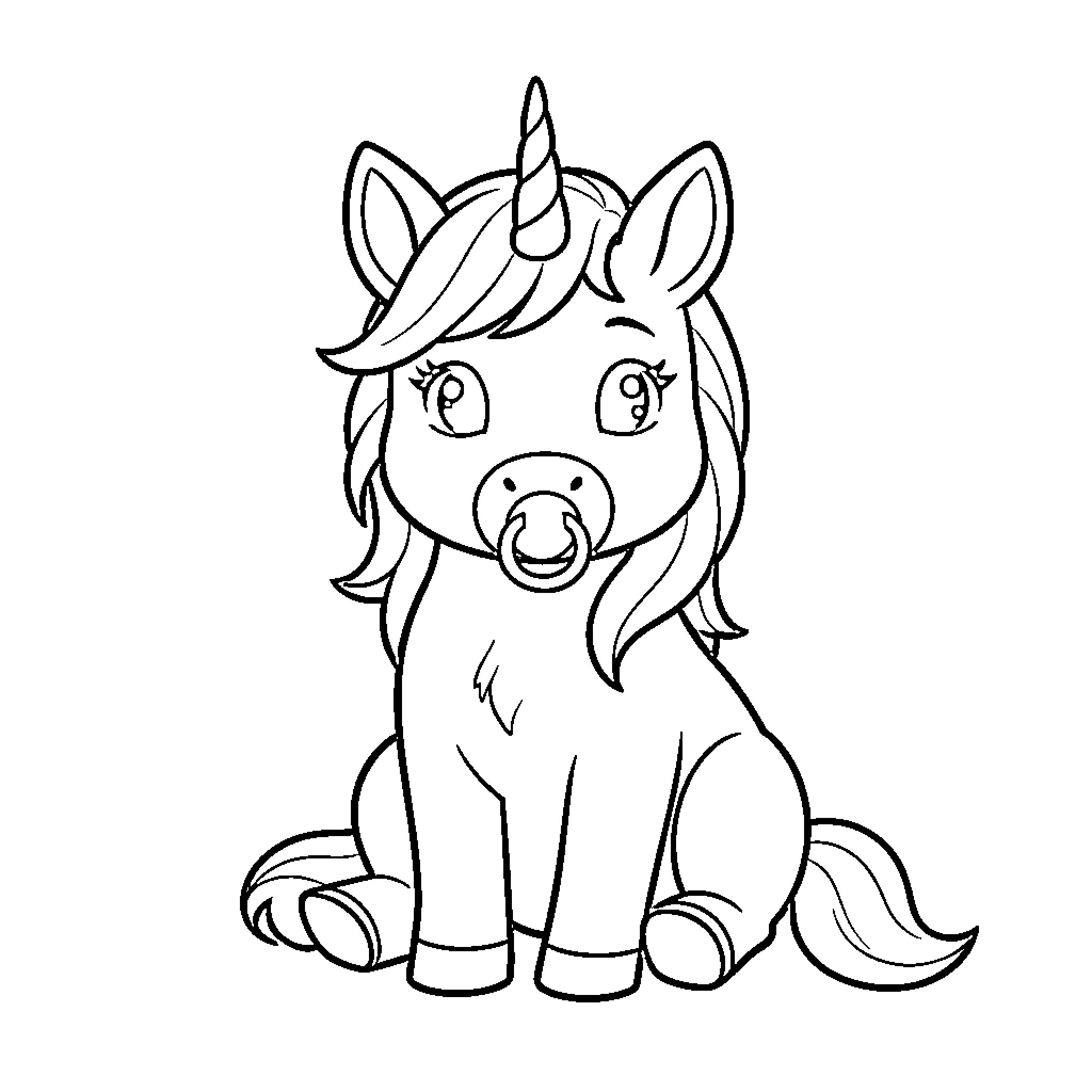 Unicorn sitting calmly with a happy expression Coloring Page (free black-and-white line drawing printable PDF for all, from beginners to advanced learners, including children, teens, adults, and seniors)