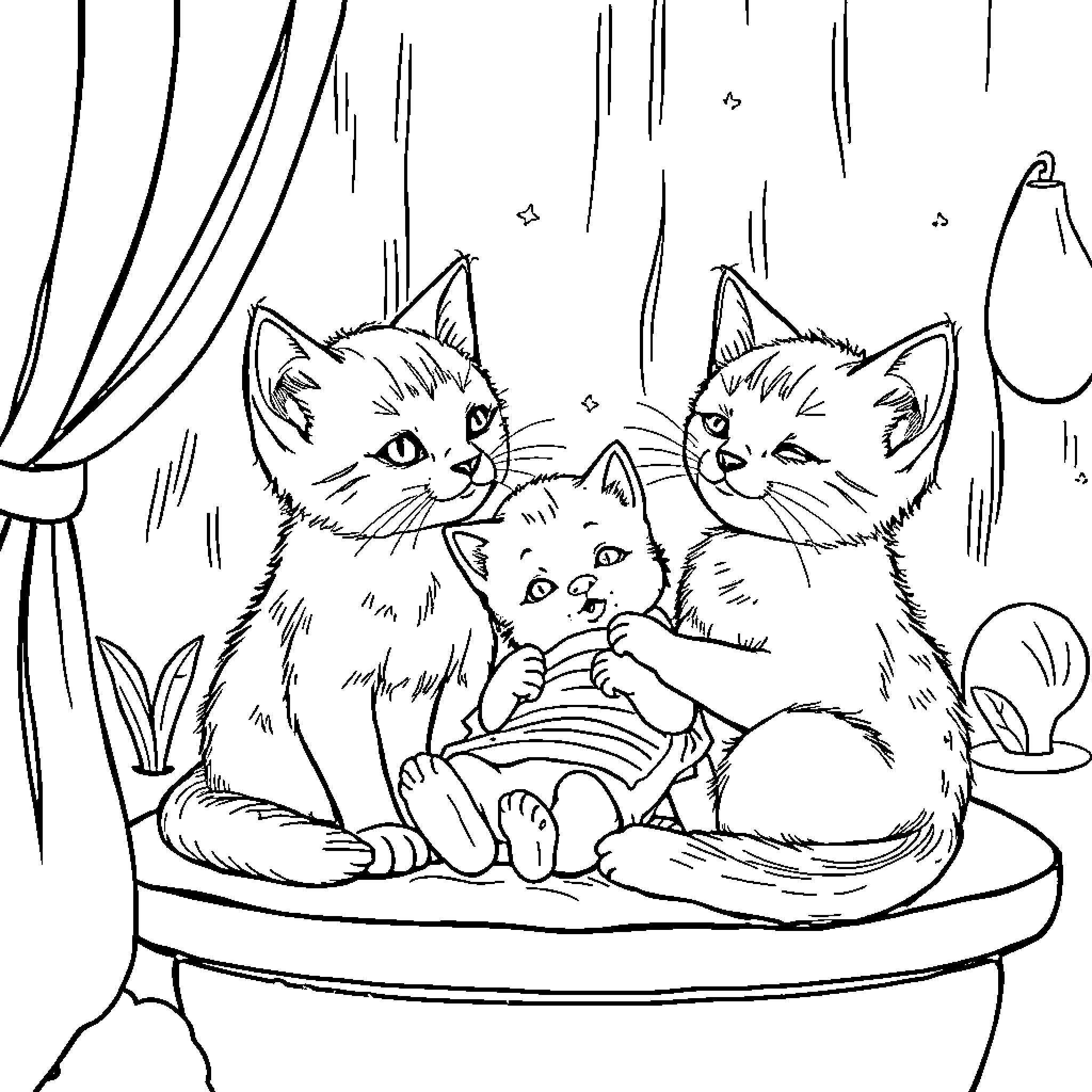 Kittens playing together on a cozy windowsill Coloring Page (free black-and-white line drawing printable PDF for all, from beginners to advanced learners, including children, teens, adults, and seniors)