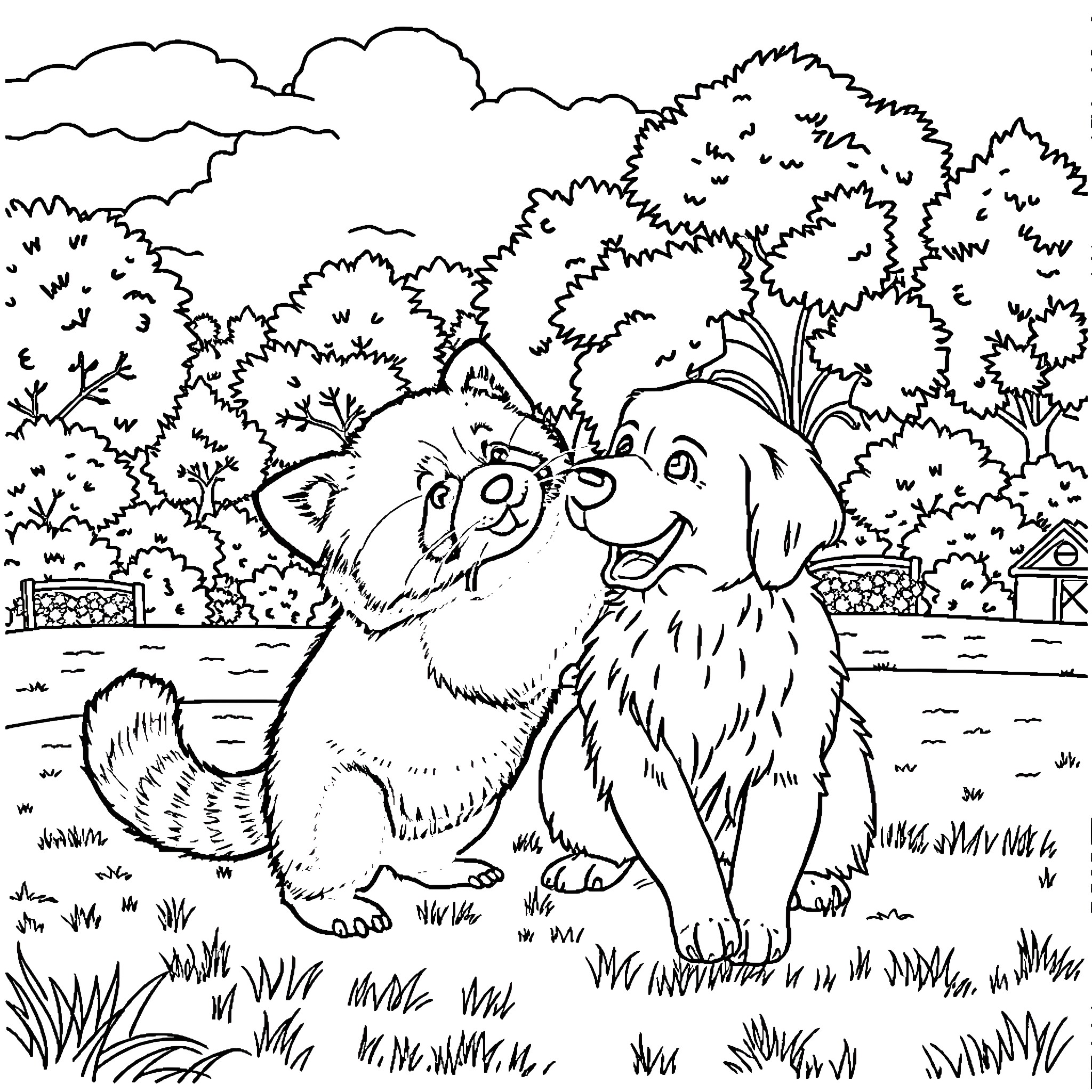 Panda dogs playing happily in the park Coloring Page (free black-and-white line drawing printable PDF for all, from beginners to advanced learners, including children, teens, adults, and seniors)
