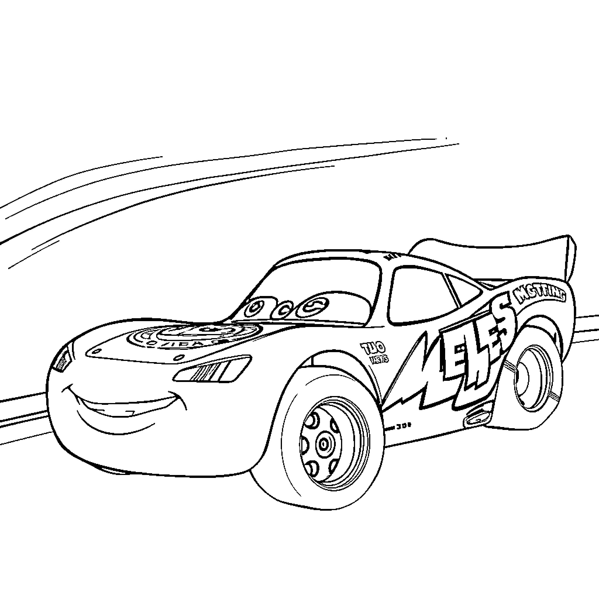 Lightning McQueen Speeds Through the Race Track Coloring Page (free black-and-white line drawing printable PDF for all, from beginners to advanced learners, including children, teens, adults, and seniors)