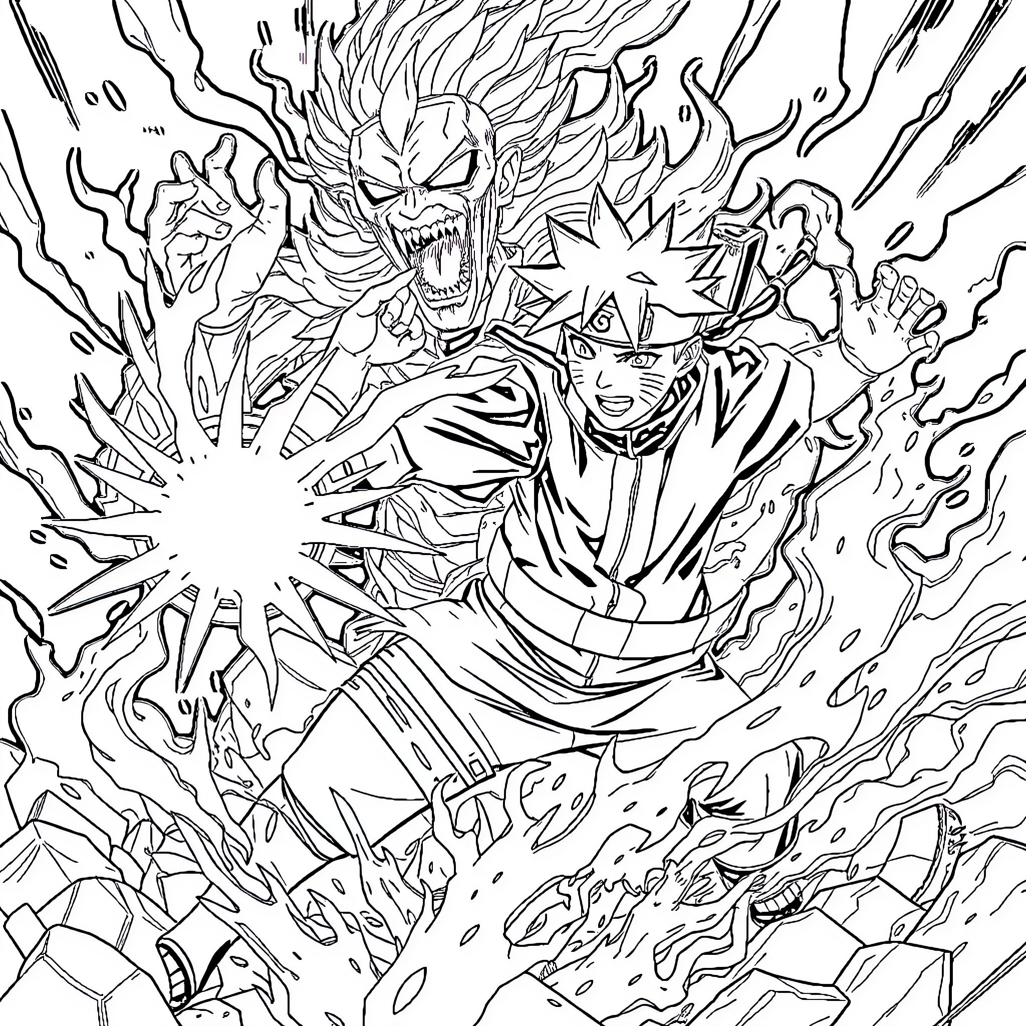 Naruto and Kurama Unleashing Powerful Chakra Coloring Page (free black-and-white line drawing printable PDF for all, from beginners to advanced learners, including children, teens, adults, and seniors)