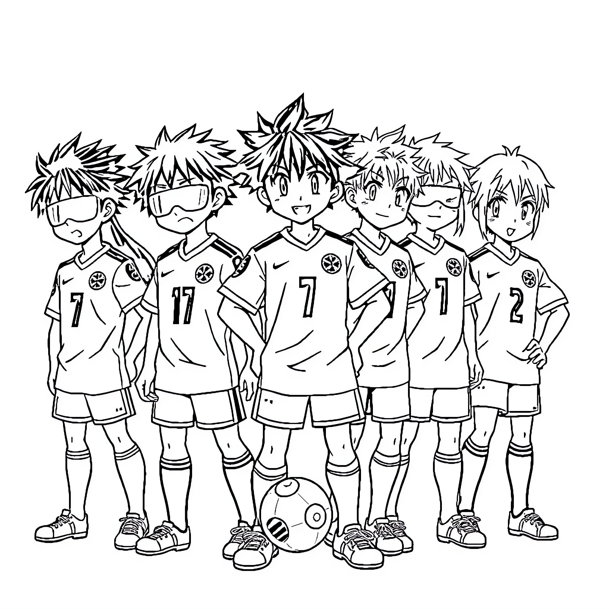 Futbol team of joyful young athletes Coloring Page (free black-and-white line drawing printable PDF for all, from beginners to advanced learners, including children, teens, adults, and seniors)
