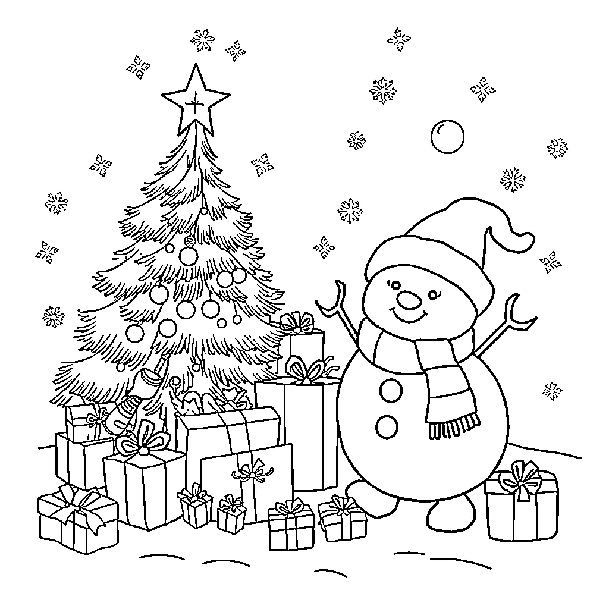 Christmas tree and cheerful snowman with presents Coloring Page (free black-and-white line drawing printable PDF for all, from beginners to advanced learners, including children, teens, adults, and seniors)