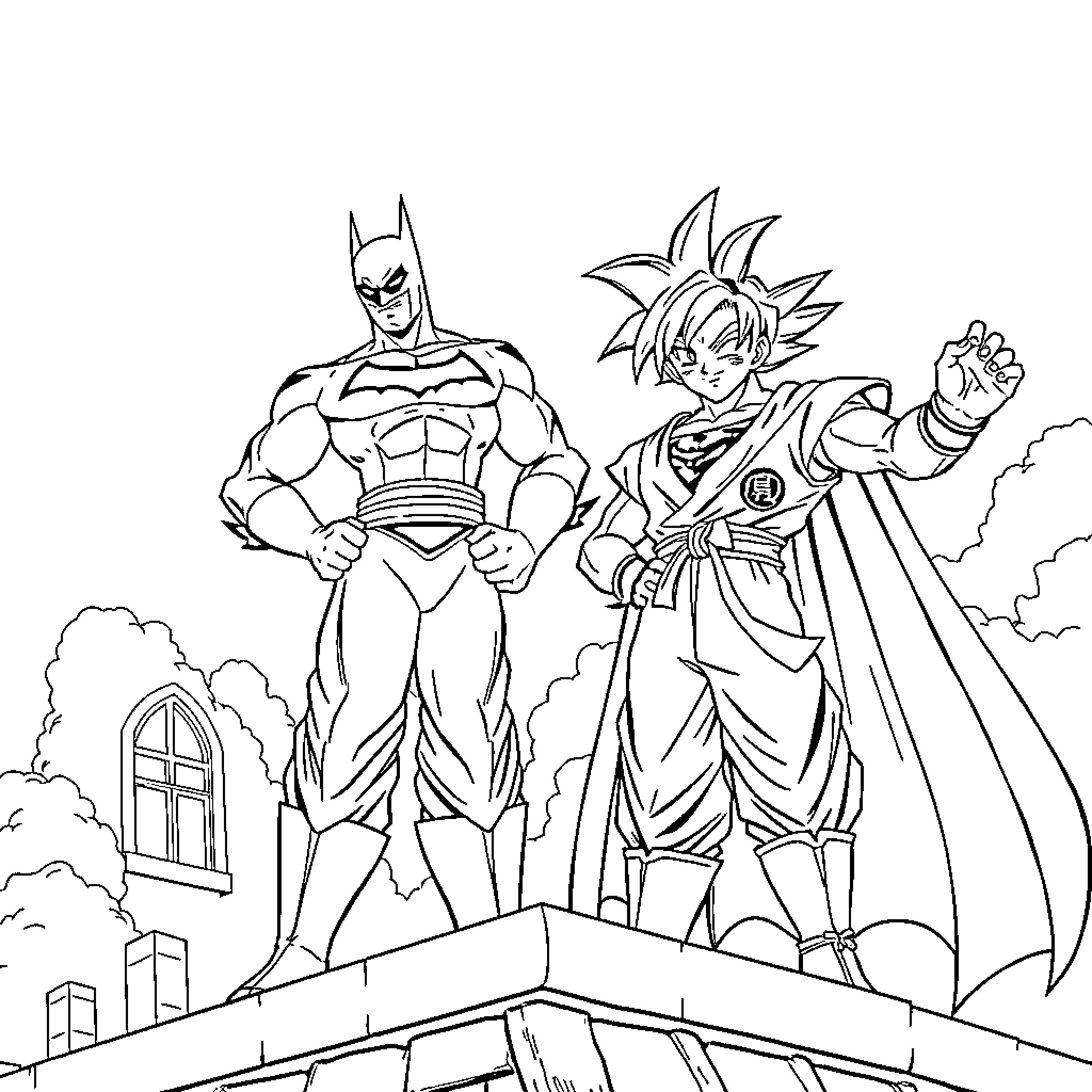 Batman and Goku Confronting Adversaries in the City Coloring Page (free black-and-white line drawing printable PDF for all, from beginners to advanced learners, including children, teens, adults, and seniors)