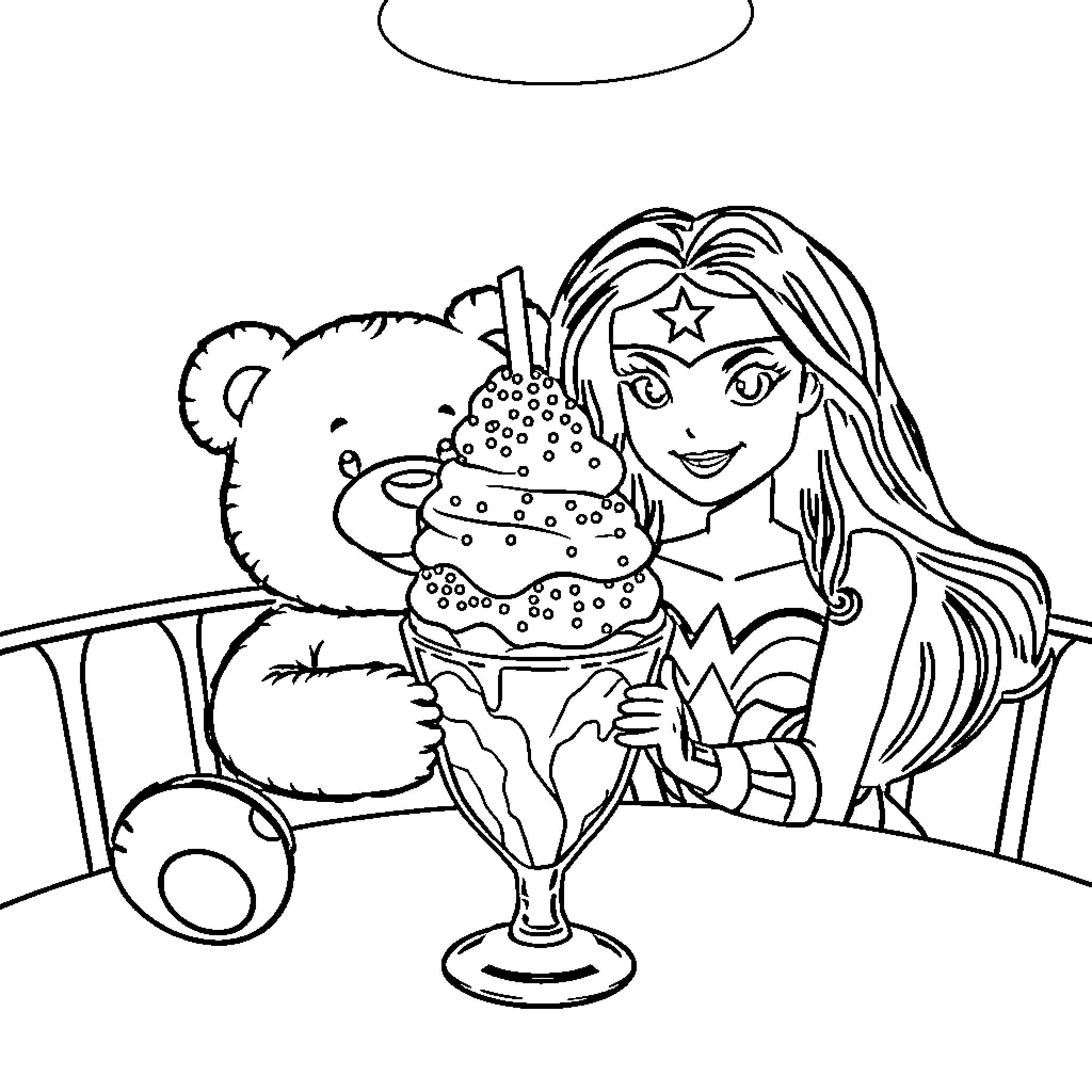 Teddy Bear enjoying ice cream with a young girl Coloring Page (free black-and-white line drawing printable PDF for all, from beginners to advanced learners, including children, teens, adults, and seniors)