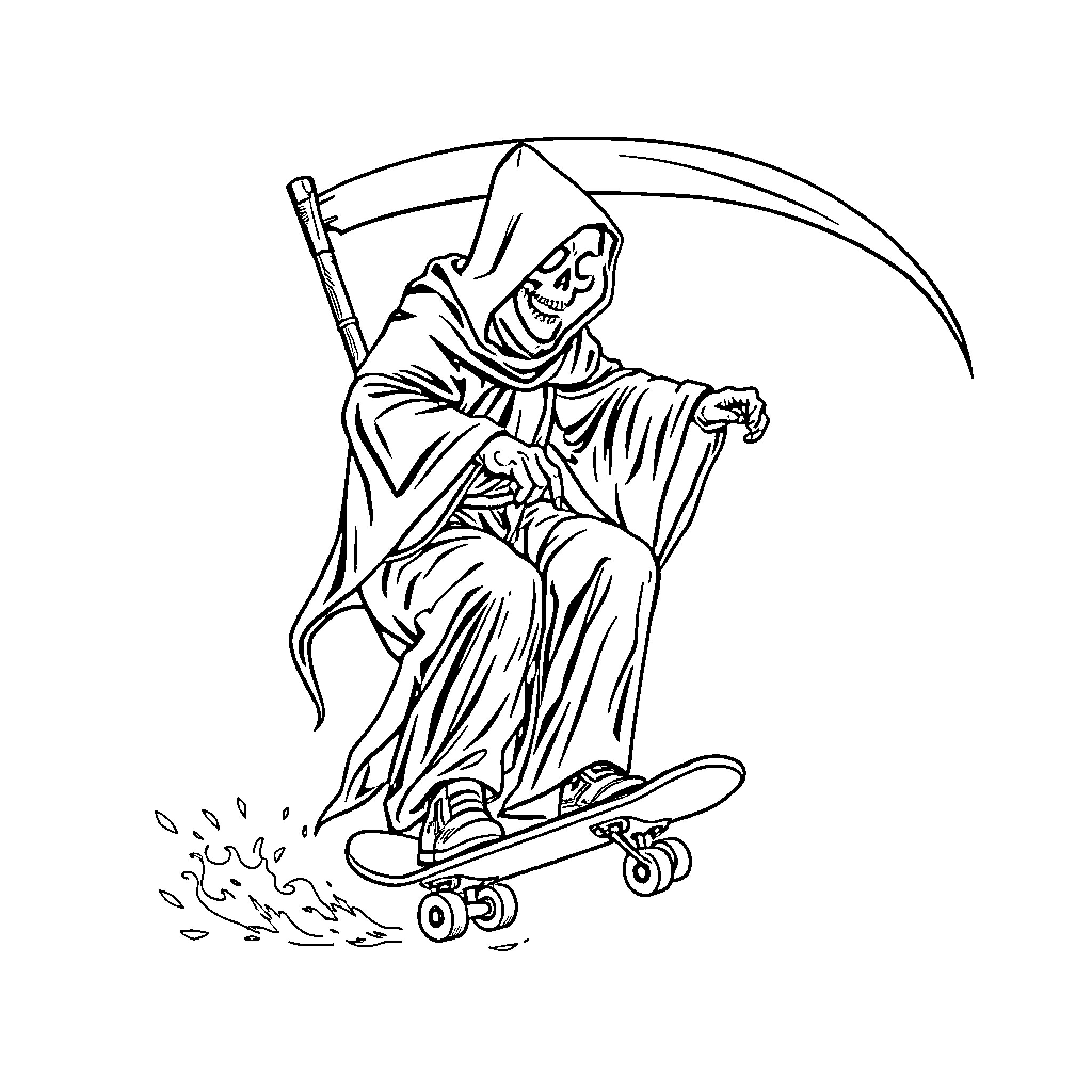 Grim Reaper skateboarding with scythe Coloring Page (free black-and-white line drawing printable PDF for all, from beginners to advanced learners, including children, teens, adults, and seniors)