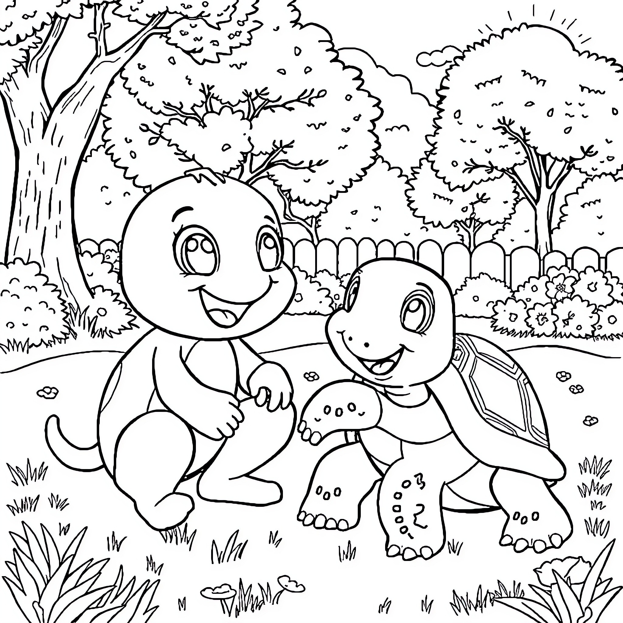 Bluey and Friends Explore the Enchanting Forest Coloring Page (free black-and-white line drawing printable PDF for all, from beginners to advanced learners, including children, teens, adults, and seniors)