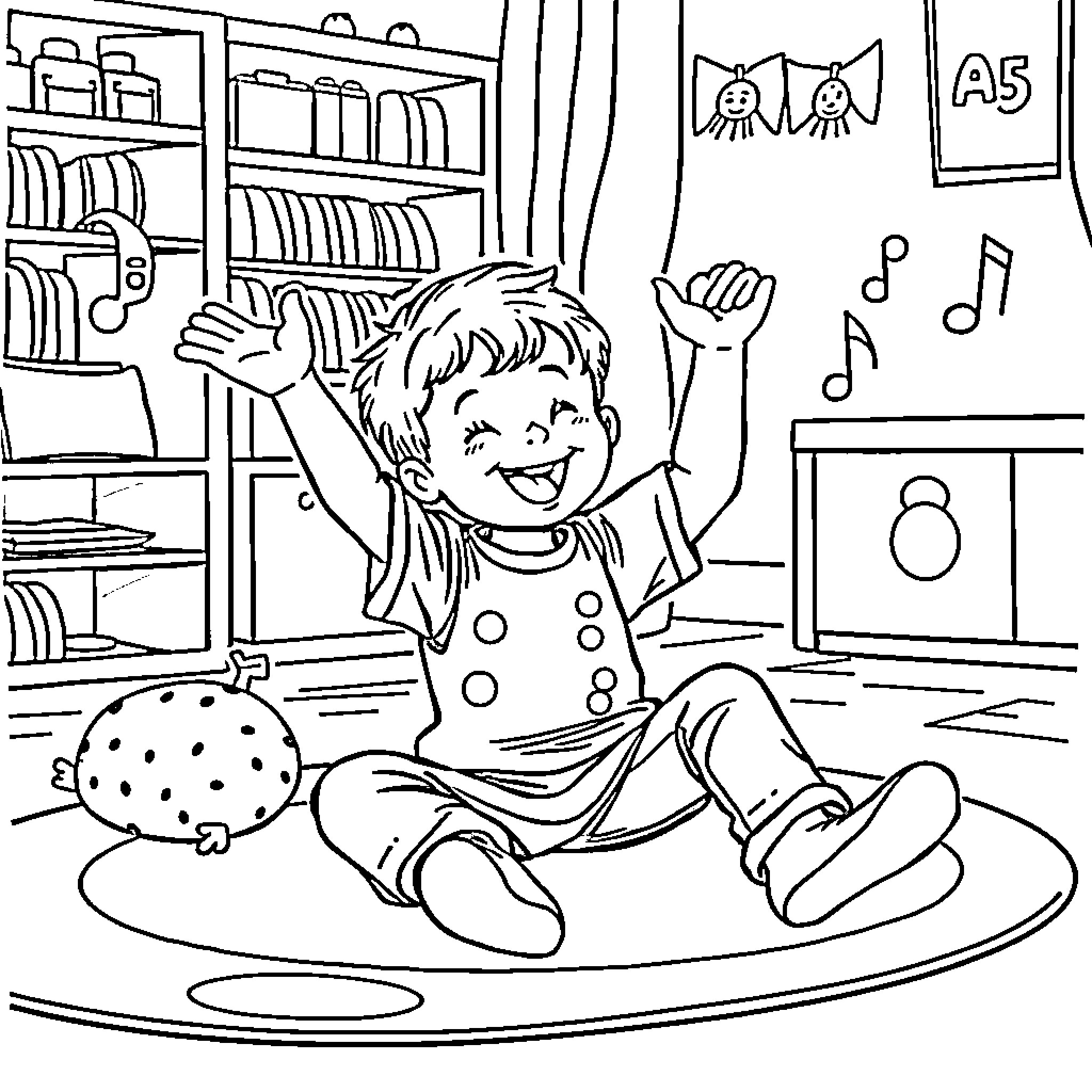 Kid happily playing with toys in the room Coloring Page (free black-and-white line drawing printable PDF for all, from beginners to advanced learners, including children, teens, adults, and seniors)