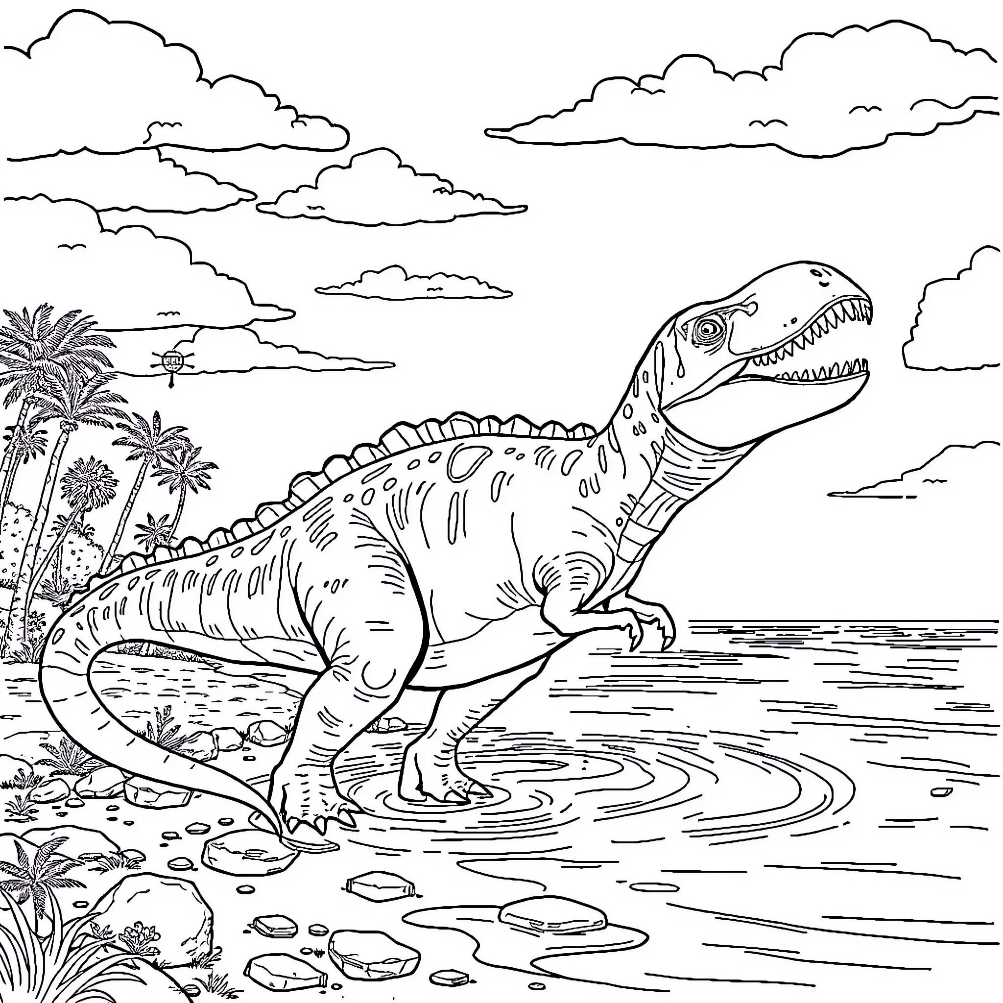 Tyrannosaurus hunting in prehistoric landscape Coloring Page (free black-and-white line drawing printable PDF for all, from beginners to advanced learners, including children, teens, adults, and seniors)