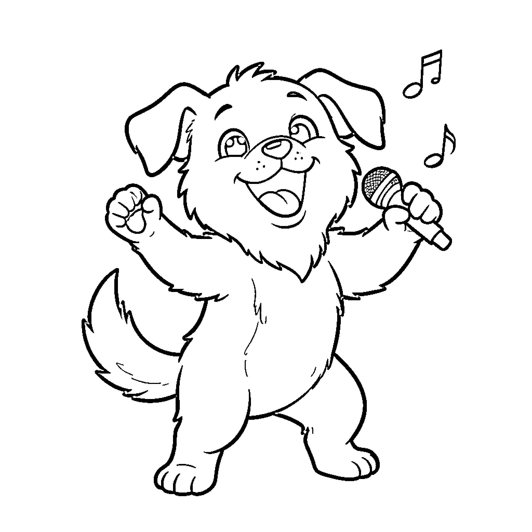 Singing Dog holding a microphone and dancing joyfully Coloring Page (free black-and-white line drawing printable PDF for all, from beginners to advanced learners, including children, teens, adults, and seniors)