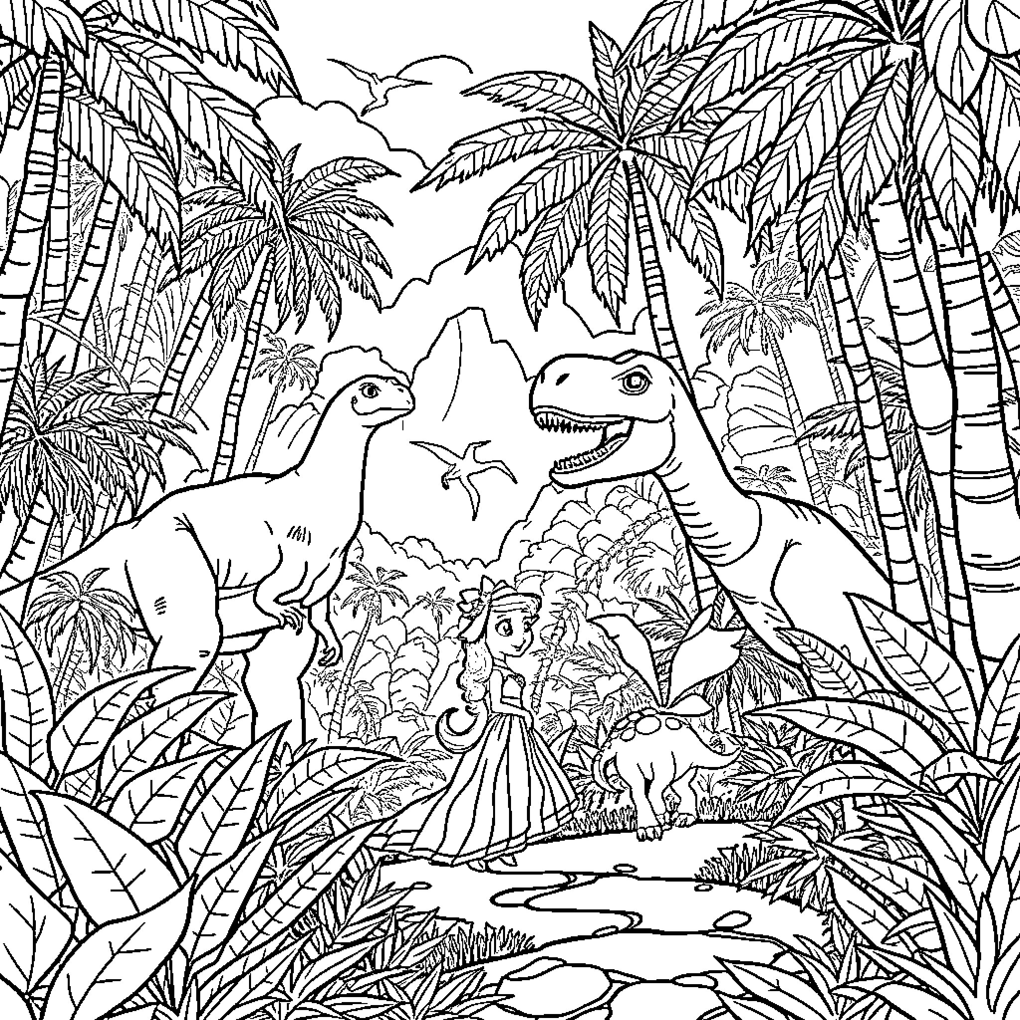 Princess Surrounded by Dinosaurs in Lush Jungle Coloring Page (free black-and-white line drawing printable PDF for all, from beginners to advanced learners, including children, teens, adults, and seniors)