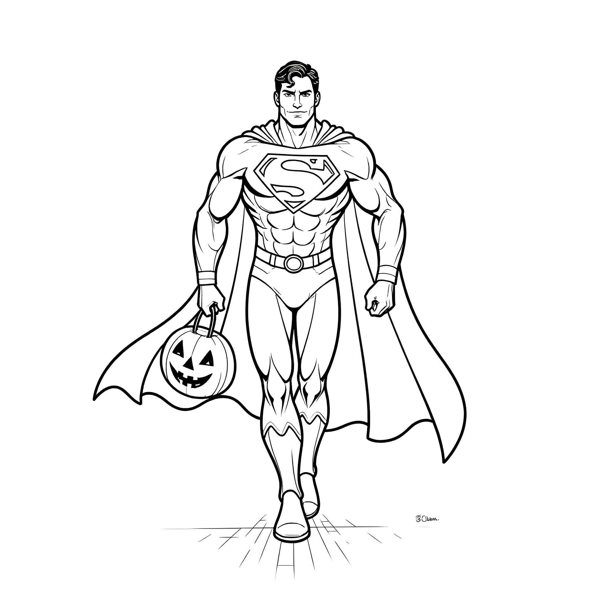 Superman Celebrating Halloween with Jack-o'-Lantern Coloring Page (free black-and-white line drawing printable PDF for all, from beginners to advanced learners, including children, teens, adults, and seniors)