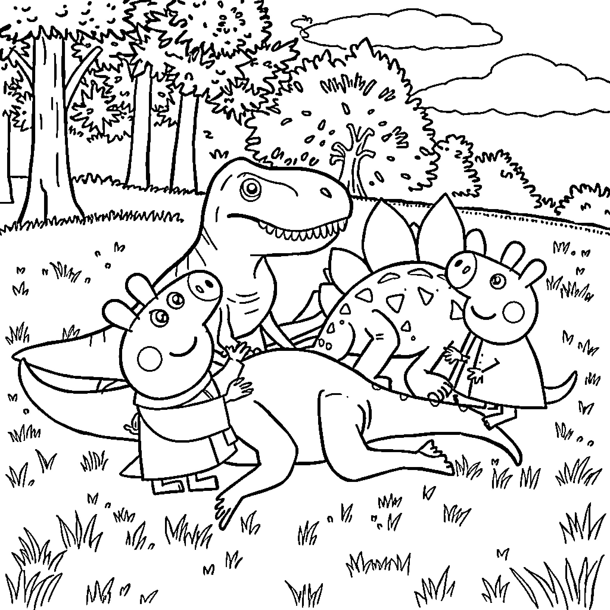Peppa Pig and friends explore the forest Coloring Page (free black-and-white line drawing printable PDF for all, from beginners to advanced learners, including children, teens, adults, and seniors)