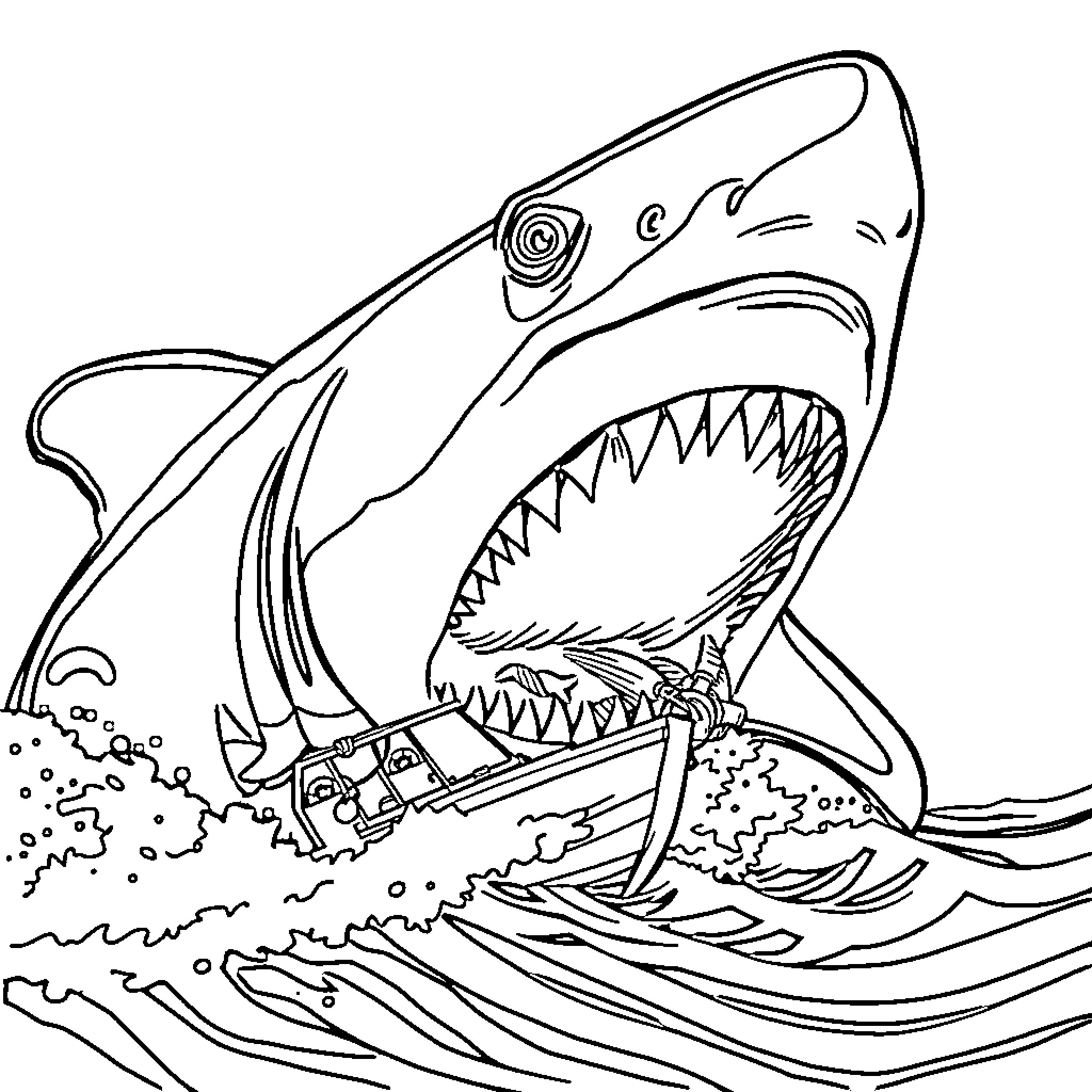 Shark hunting for prey in the ocean Coloring Page (free black-and-white line drawing printable PDF for all, from beginners to advanced learners, including children, teens, adults, and seniors)