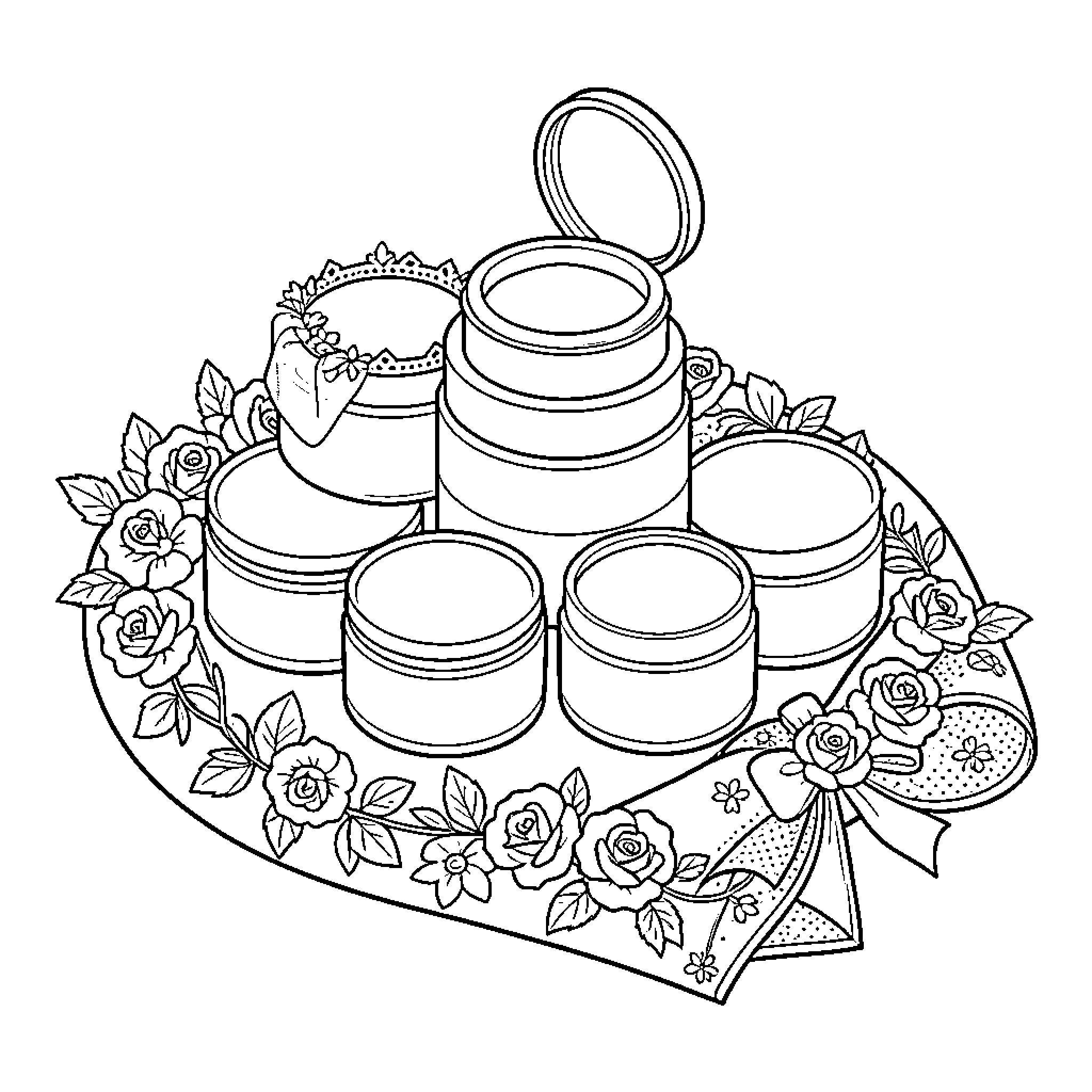 Vase with cosmetic products and floral decor Coloring Page (free black-and-white line drawing printable PDF for all, from beginners to advanced learners, including children, teens, adults, and seniors)