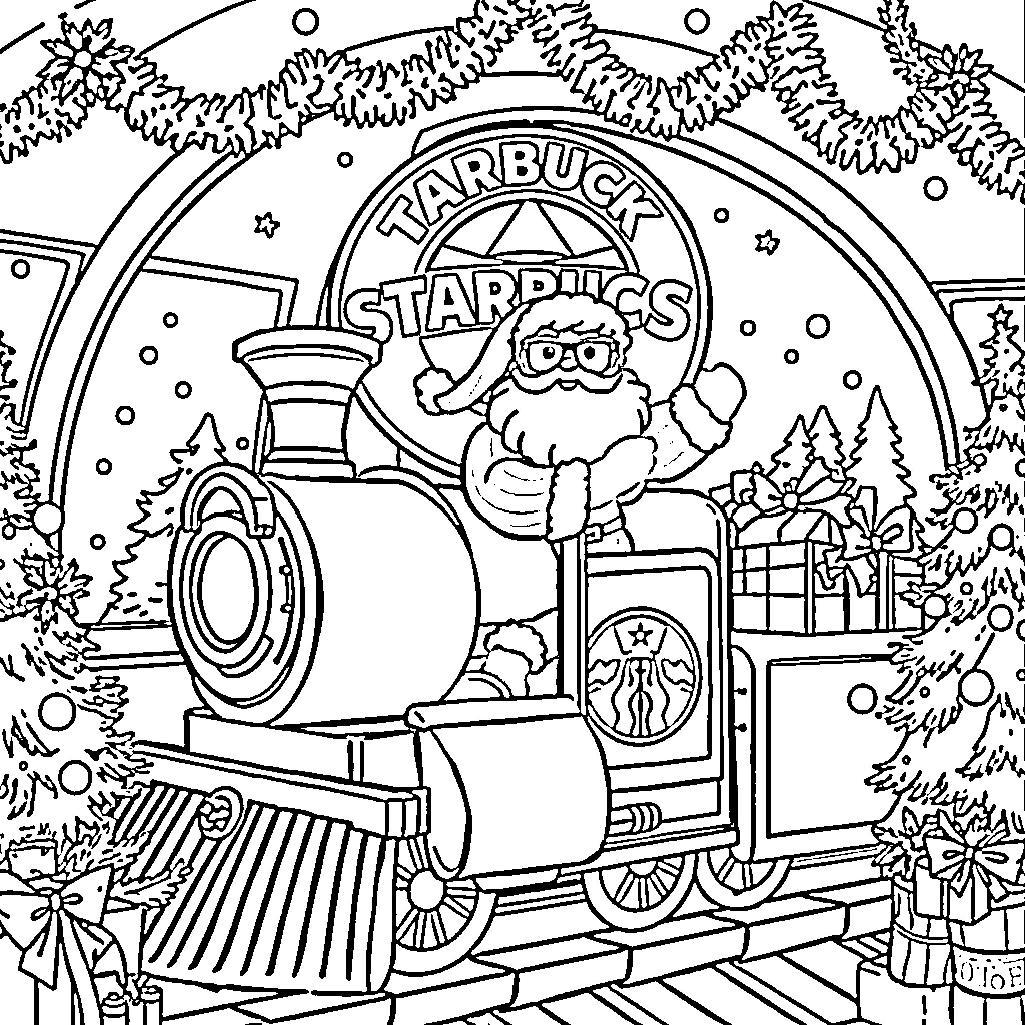Santa riding a festive Starbucks-themed train Coloring Page (free black-and-white line drawing printable PDF for all, from beginners to advanced learners, including children, teens, adults, and seniors)