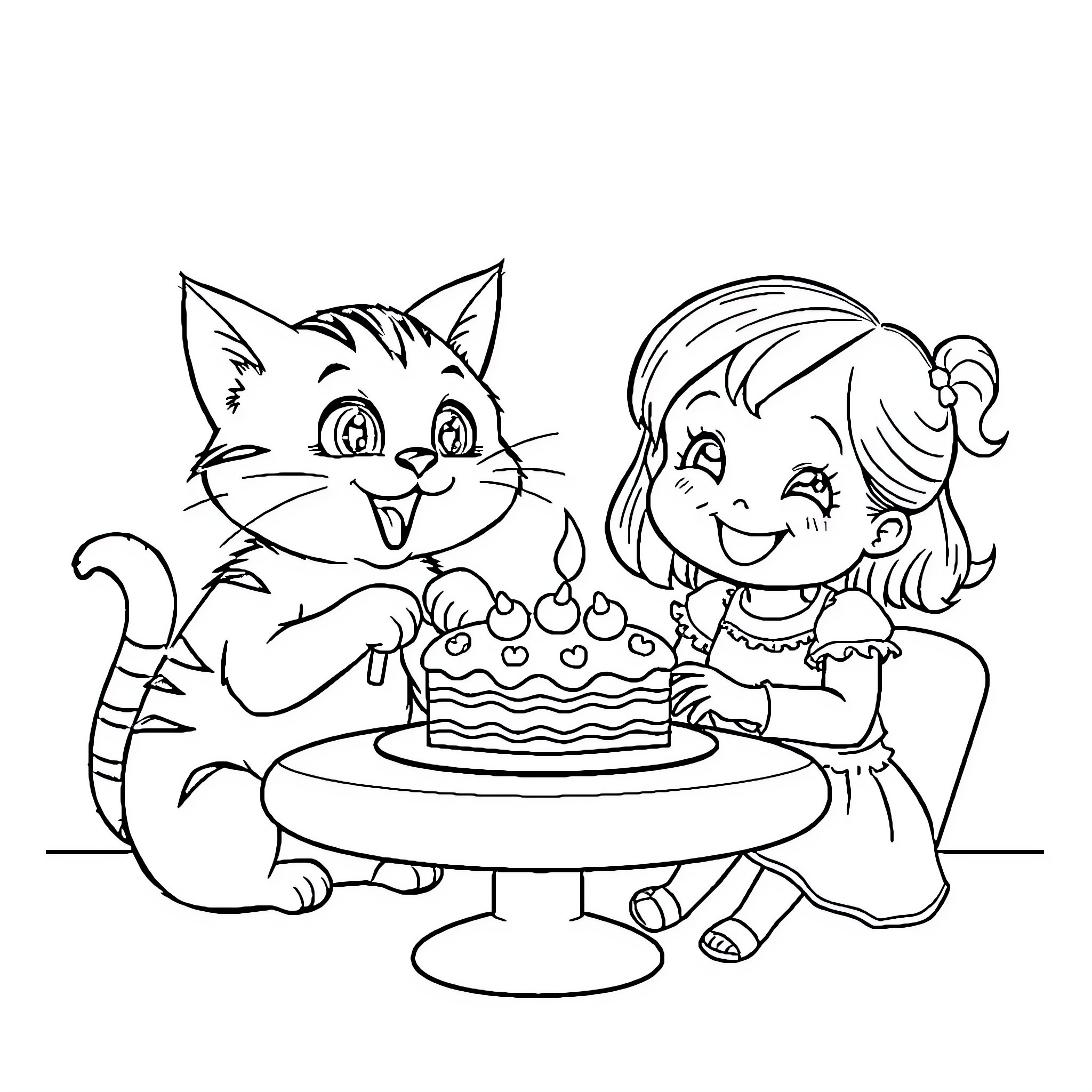 Cat and Girl Celebrating with a Birthday Cake Coloring Page (free black-and-white line drawing printable PDF for all, from beginners to advanced learners, including children, teens, adults, and seniors)