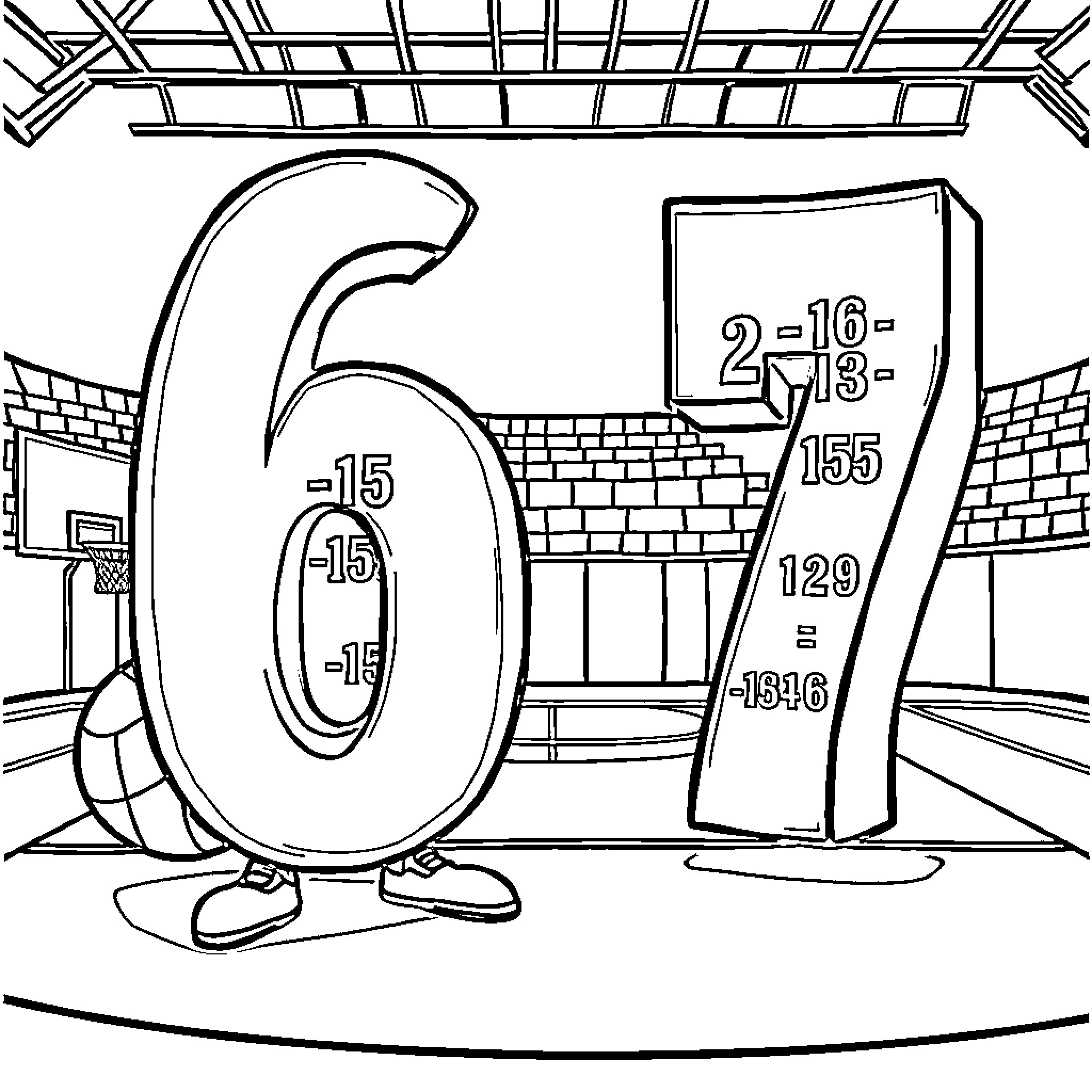 Basketball scoreboard displaying mathematical equations Coloring Page (free black-and-white line drawing printable PDF for all, from beginners to advanced learners, including children, teens, adults, and seniors)