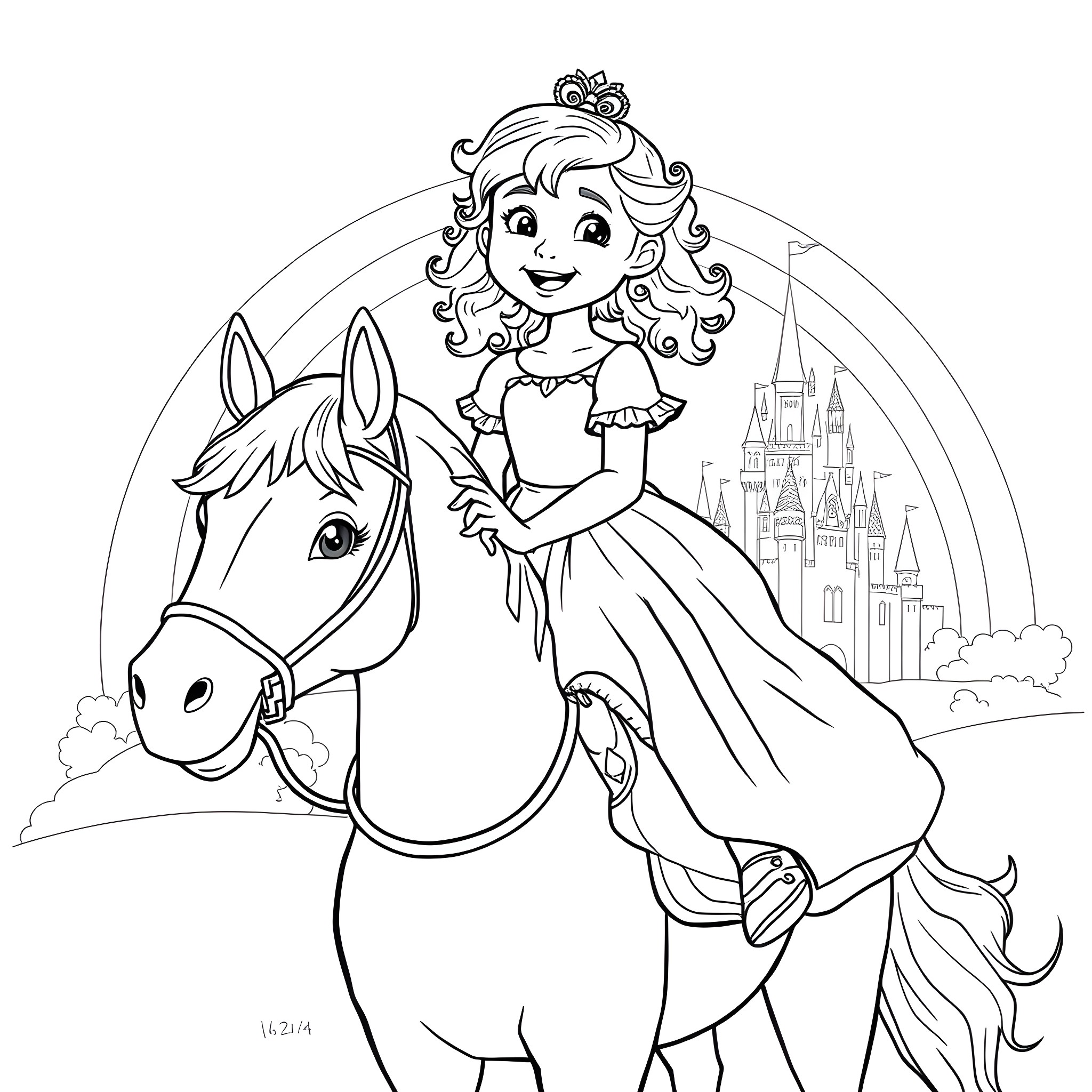 Girl riding a horse in front of a castle Coloring Page (free black-and-white line drawing printable PDF for all, from beginners to advanced learners, including children, teens, adults, and seniors)