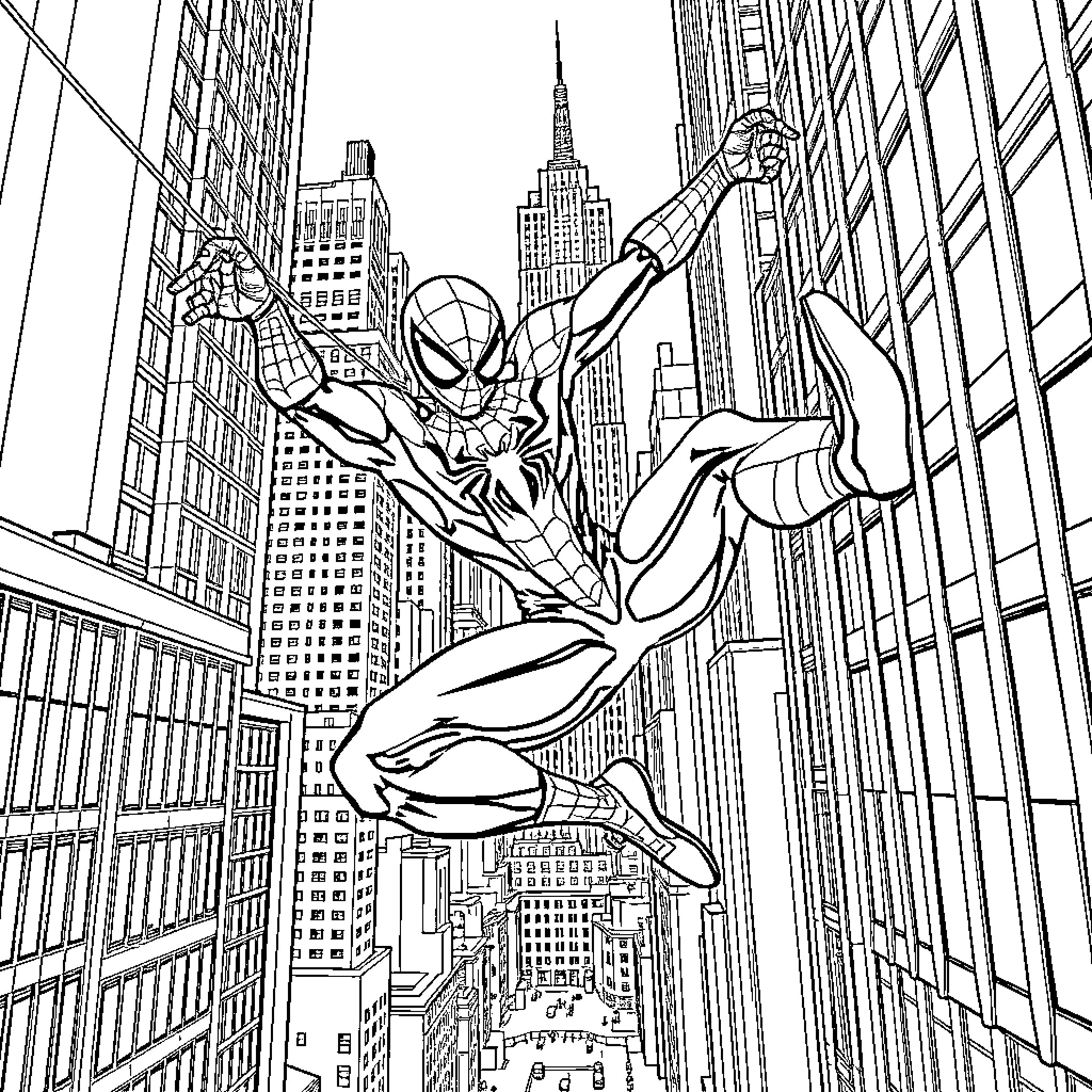 Spider-Man swinging through the city skyline Coloring Page (free black-and-white line drawing printable PDF for all, from beginners to advanced learners, including children, teens, adults, and seniors)