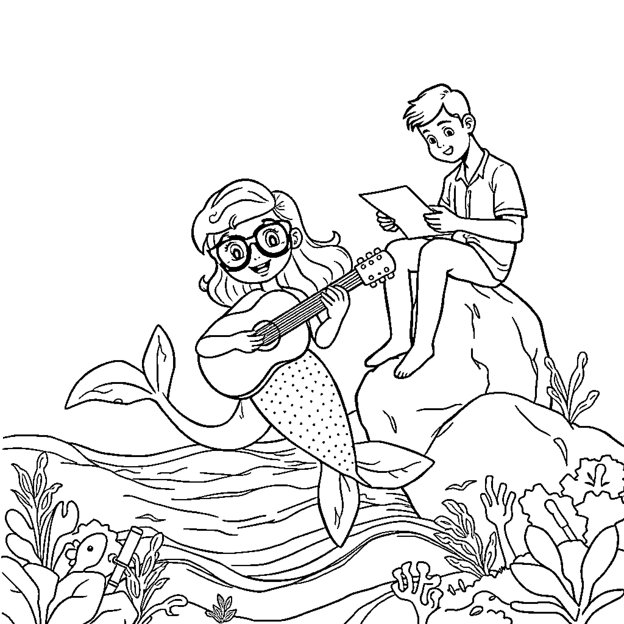 Mermaid playing guitar for a human companion Coloring Page (free black-and-white line drawing printable PDF for all, from beginners to advanced learners, including children, teens, adults, and seniors)