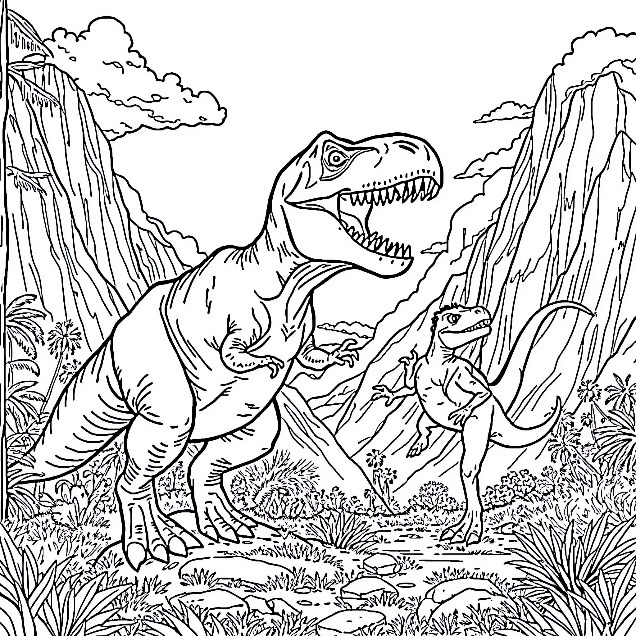Dinosaur Roaring Fiercely in Prehistoric Landscape Coloring Page (free black-and-white line drawing printable PDF for all, from beginners to advanced learners, including children, teens, adults, and seniors)