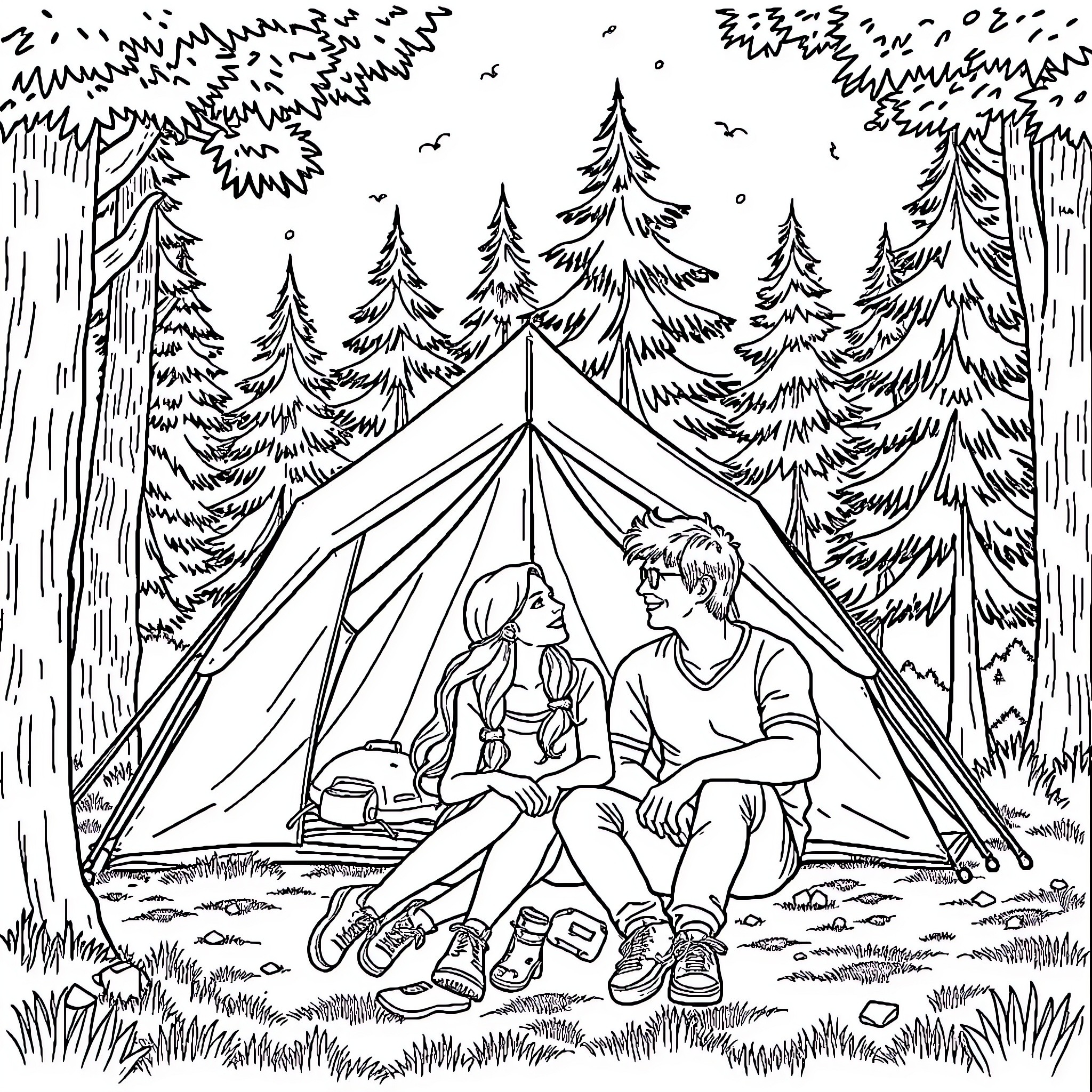 Emeline's Camping Adventure in the Wilderness Coloring Page (free black-and-white line drawing printable PDF for all, from beginners to advanced learners, including children, teens, adults, and seniors)