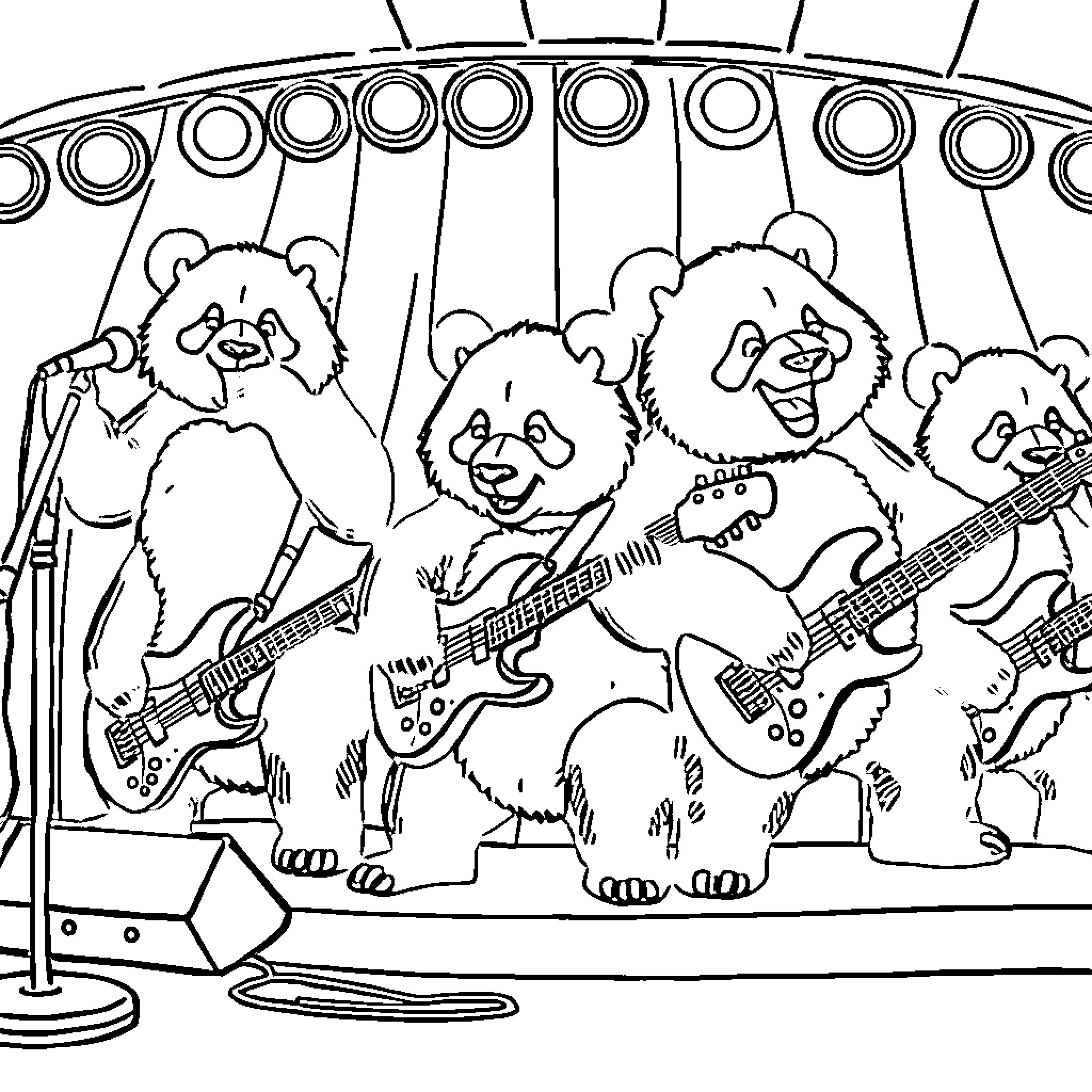 Pandas performing on a musical stage Coloring Page (free black-and-white line drawing printable PDF for all, from beginners to advanced learners, including children, teens, adults, and seniors)