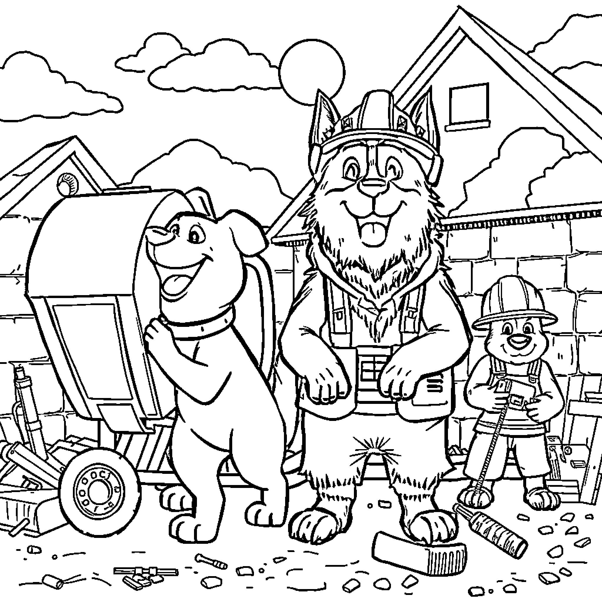 Chien working together with friends on construction site Coloring Page (free black-and-white line drawing printable PDF for all, from beginners to advanced learners, including children, teens, adults, and seniors)