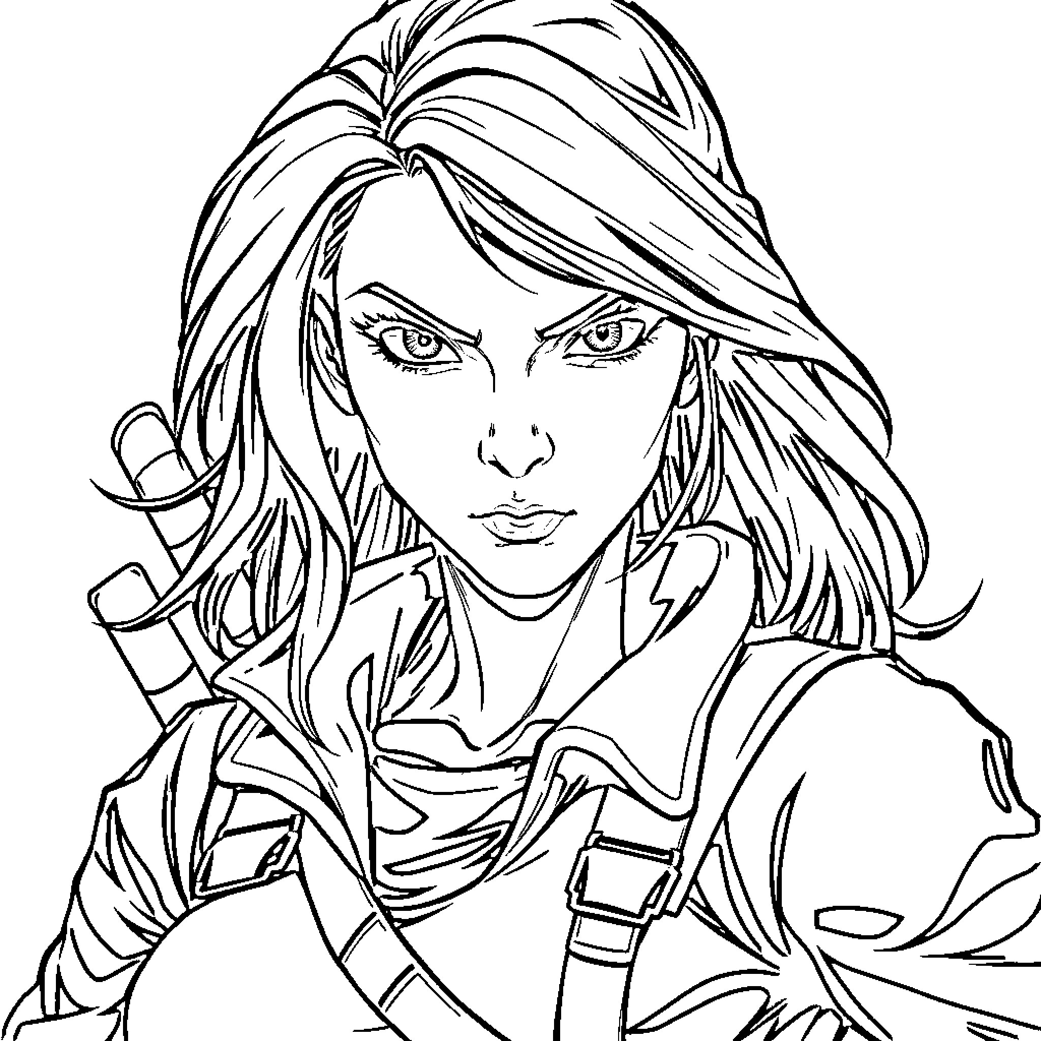 Daniela Katseye in an intense and focused expression Coloring Page (free black-and-white line drawing printable PDF for all, from beginners to advanced learners, including children, teens, adults, and seniors)