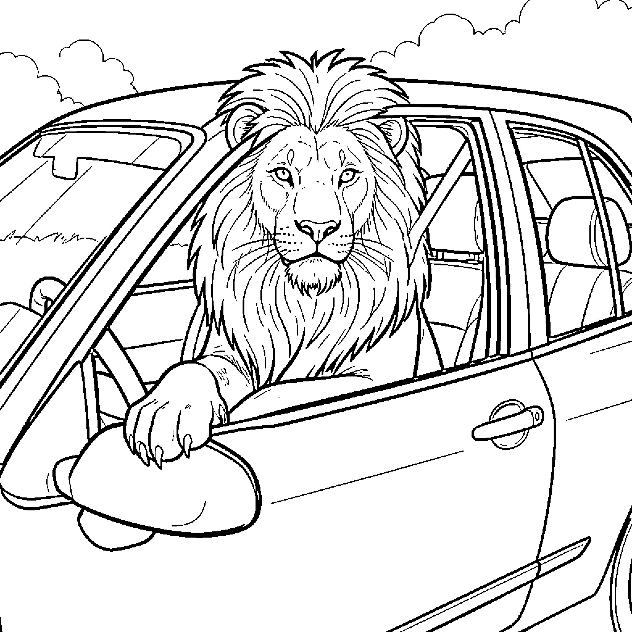 Lion driving vehicle with determined expression Coloring Page (free black-and-white line drawing printable PDF for all, from beginners to advanced learners, including children, teens, adults, and seniors)