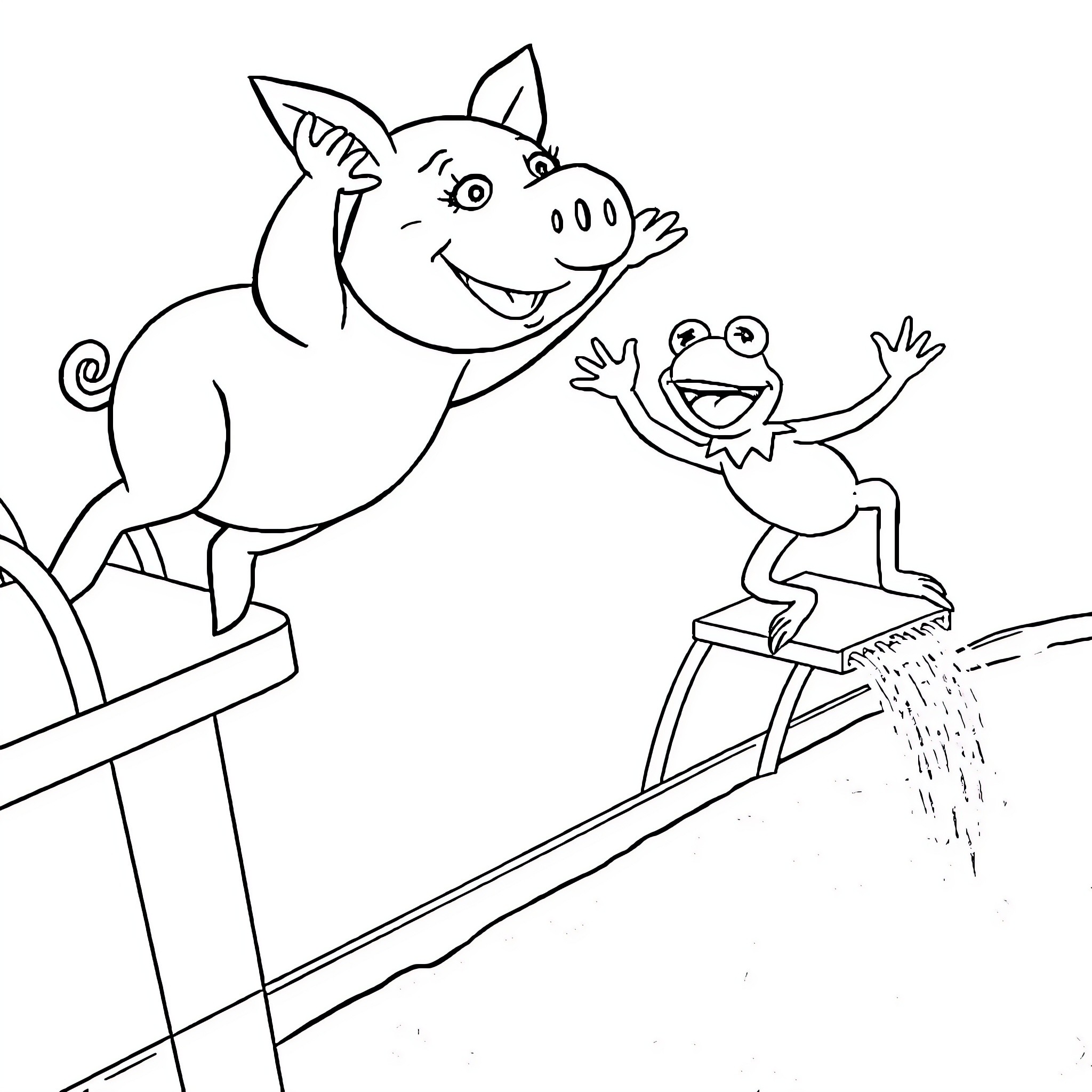 Pig and Frog Playing and Splashing in the Water Coloring Page (free black-and-white line drawing printable PDF for all, from beginners to advanced learners, including children, teens, adults, and seniors)
