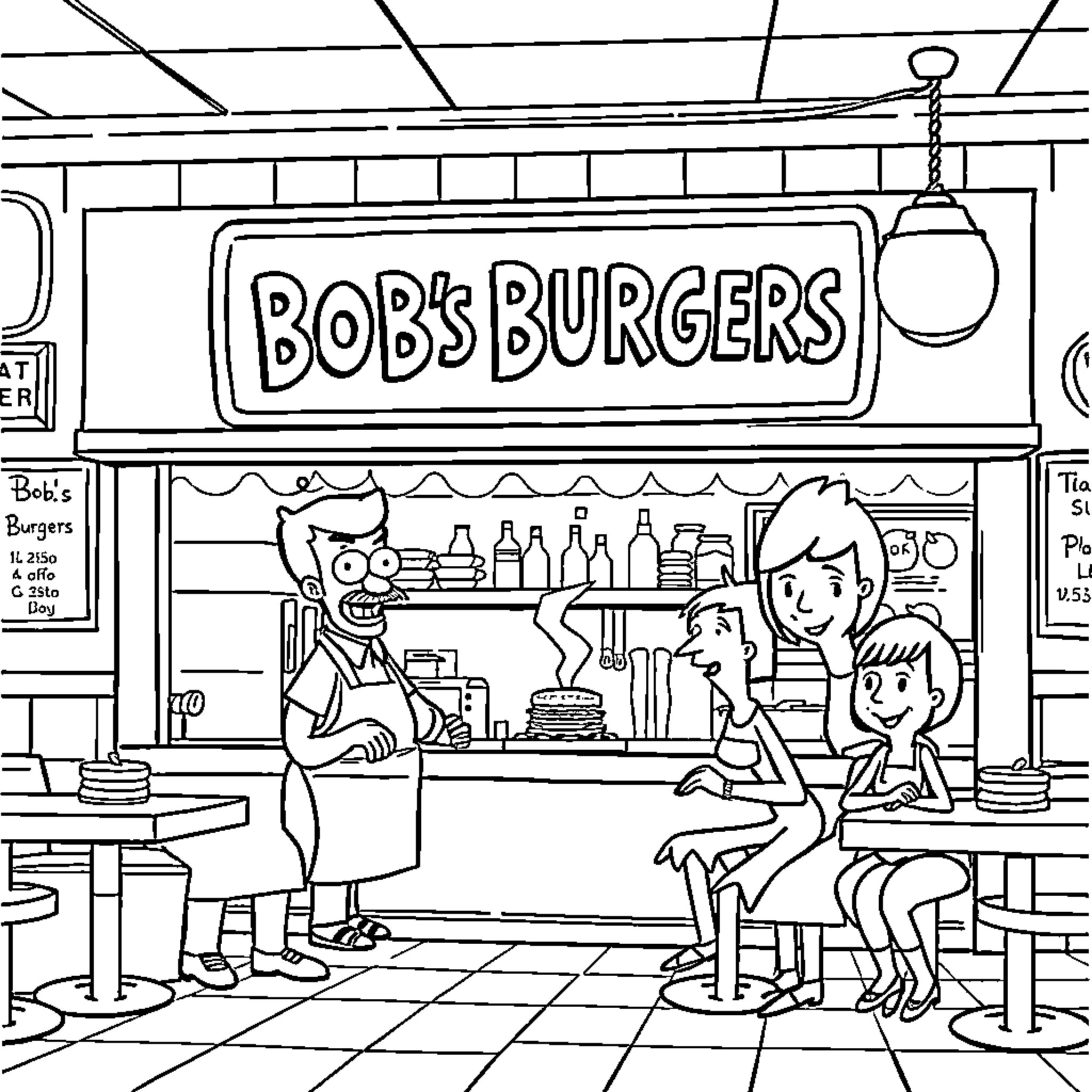 Bob's Burgers - Family Enjoying Burgers and Conversation Coloring Page (free black-and-white line drawing printable PDF for all, from beginners to advanced learners, including children, teens, adults, and seniors)