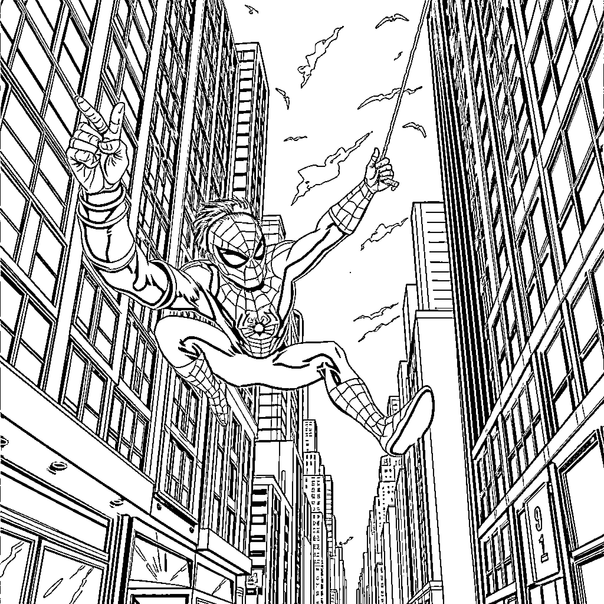 Michael Myers swinging through the city skyline Coloring Page (free black-and-white line drawing printable PDF for all, from beginners to advanced learners, including children, teens, adults, and seniors)
