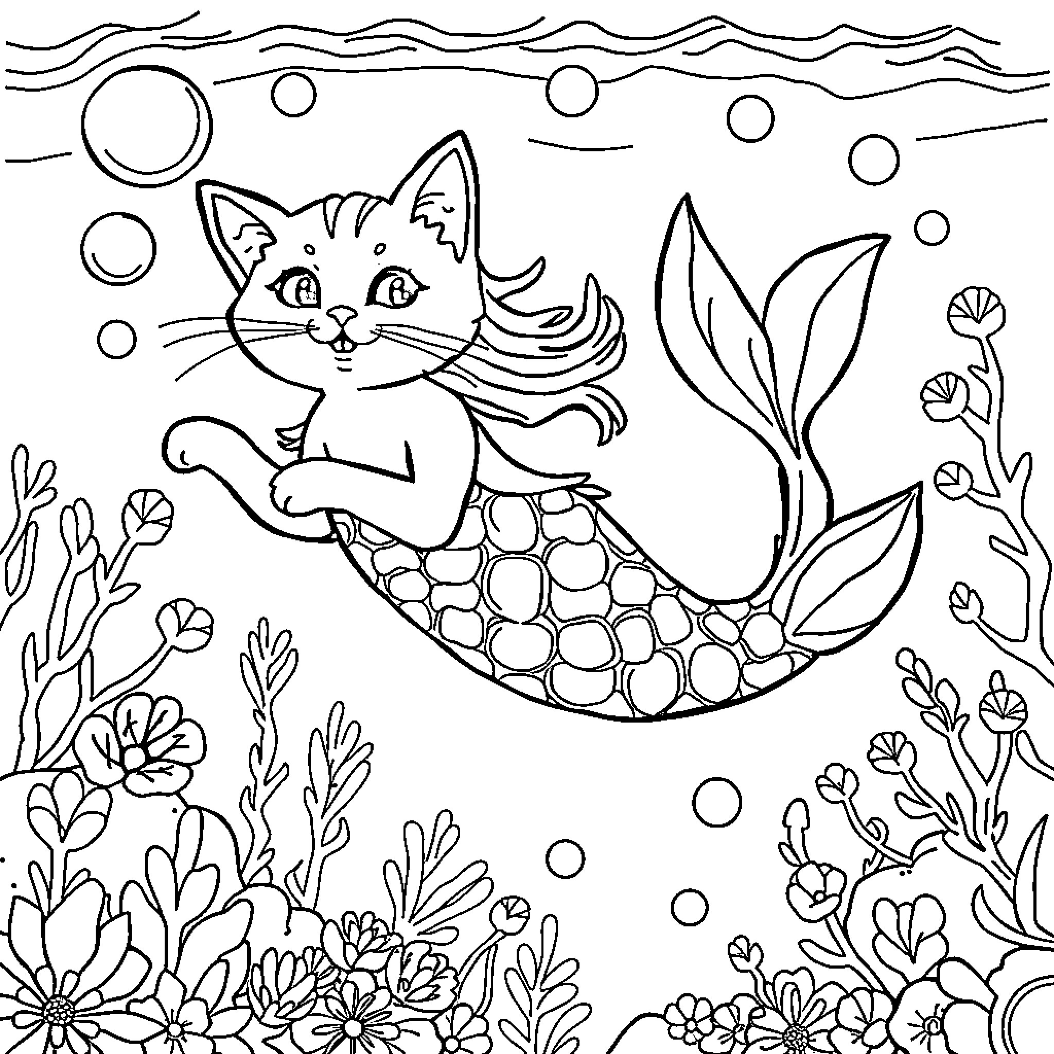 Mermaid cat swimming in the underwater garden Coloring Page (free black-and-white line drawing printable PDF for all, from beginners to advanced learners, including children, teens, adults, and seniors)