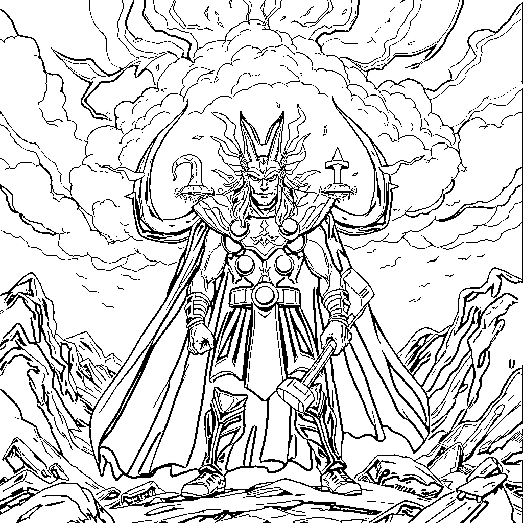 Thor's Mighty Godly Presence Amidst the Stormy Skies Coloring Page (free black-and-white line drawing printable PDF for all, from beginners to advanced learners, including children, teens, adults, and seniors)