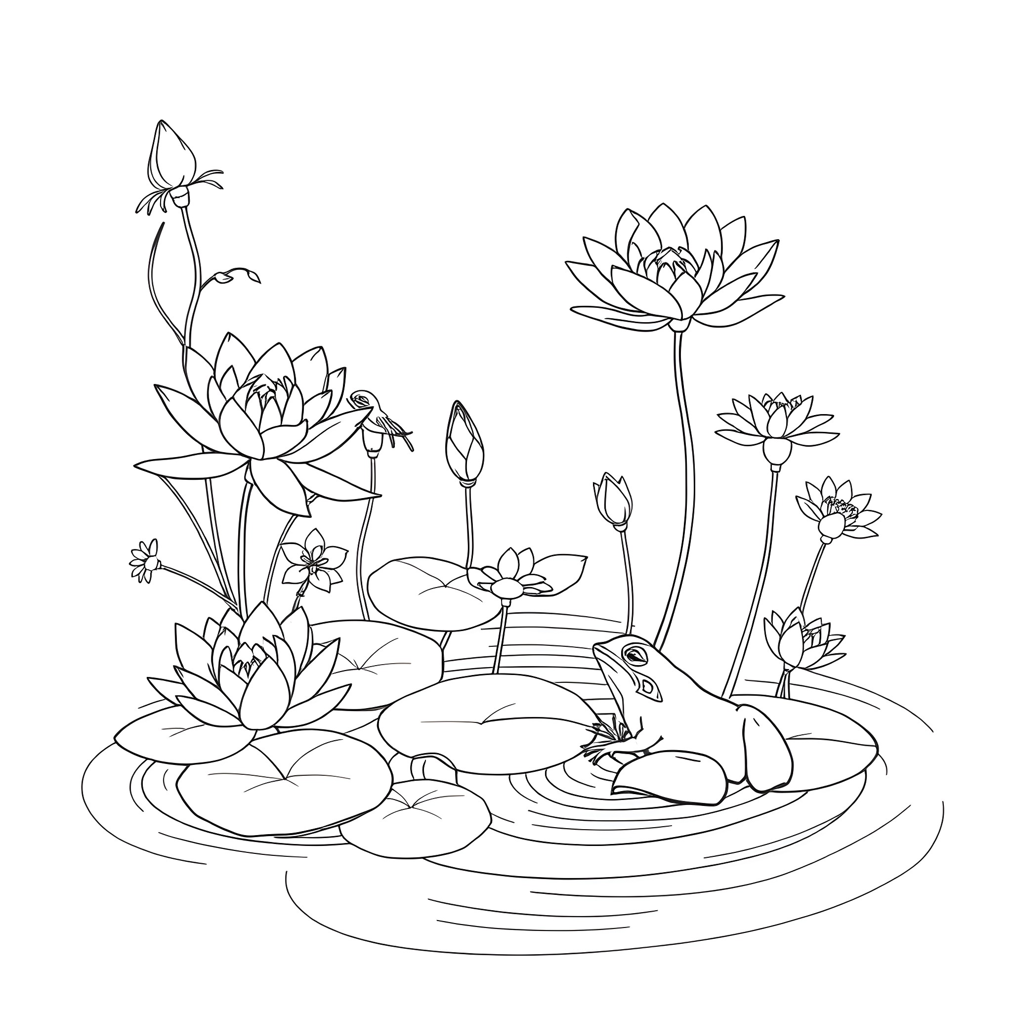 Tiana's Enchanting Lily Pond Coloring Page (free black-and-white line drawing printable PDF for all, from beginners to advanced learners, including children, teens, adults, and seniors)