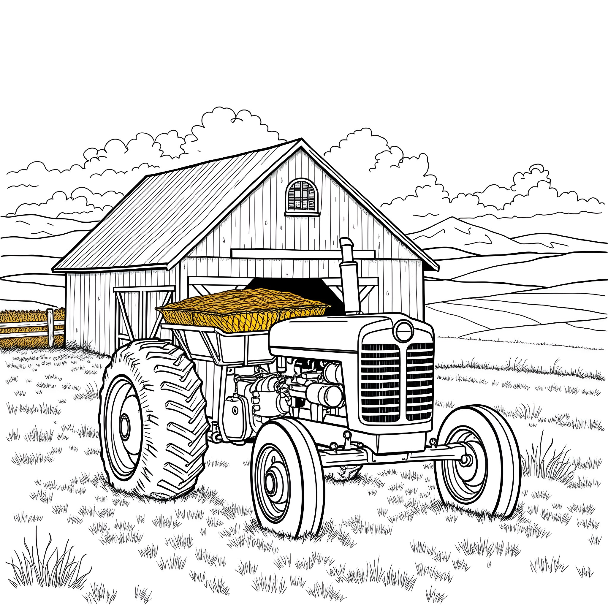 Grain Pickup on a Countryside Farm Coloring Page (free black-and-white line drawing printable PDF for all, from beginners to advanced learners, including children, teens, adults, and seniors)