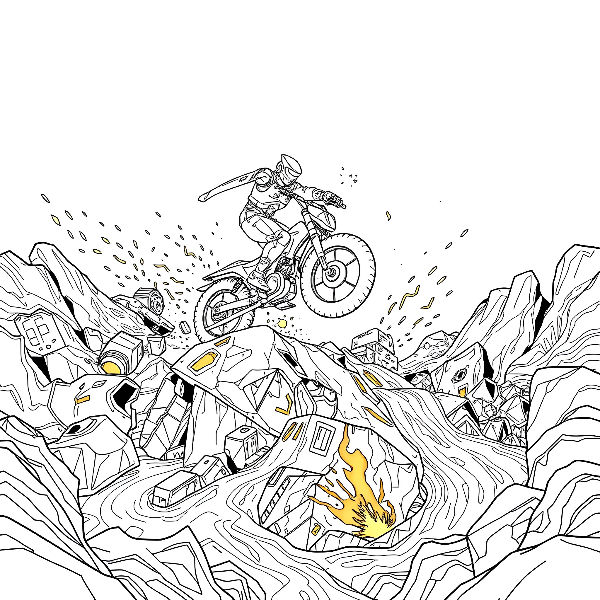 Robot Motocross rider jumps over rocky terrain Coloring Page (free black-and-white line drawing printable PDF for all, from beginners to advanced learners, including children, teens, adults, and seniors)