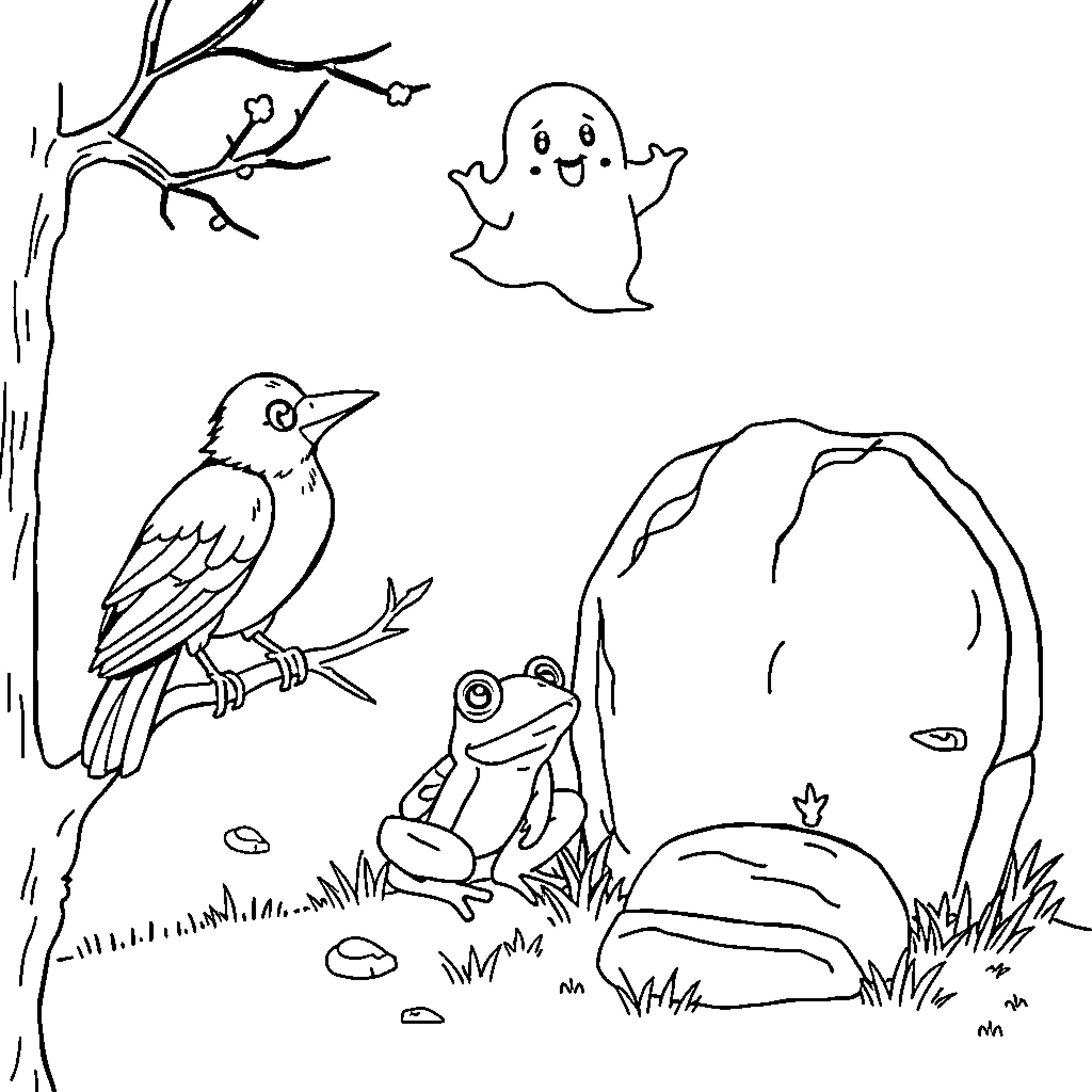 Crow and Friends in the Forest Coloring Page (free black-and-white line drawing printable PDF for all, from beginners to advanced learners, including children, teens, adults, and seniors)
