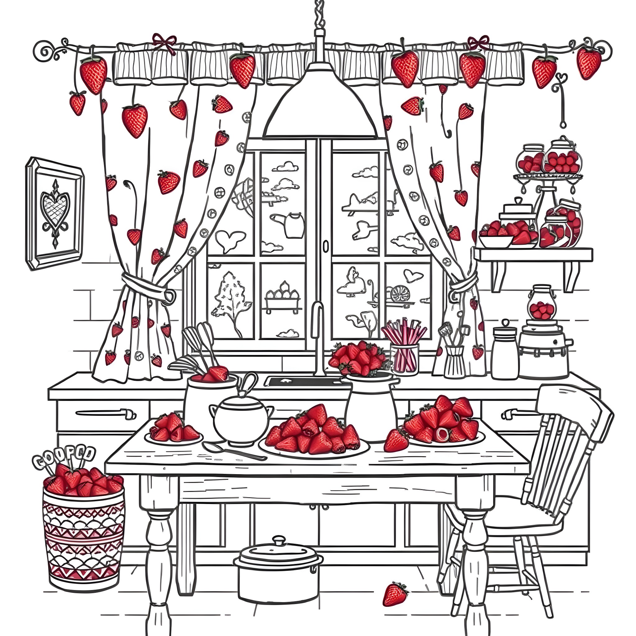Strawberry Inspired Cozy Kitchen Scene Coloring Page (free black-and-white line drawing printable PDF for all, from beginners to advanced learners, including children, teens, adults, and seniors)