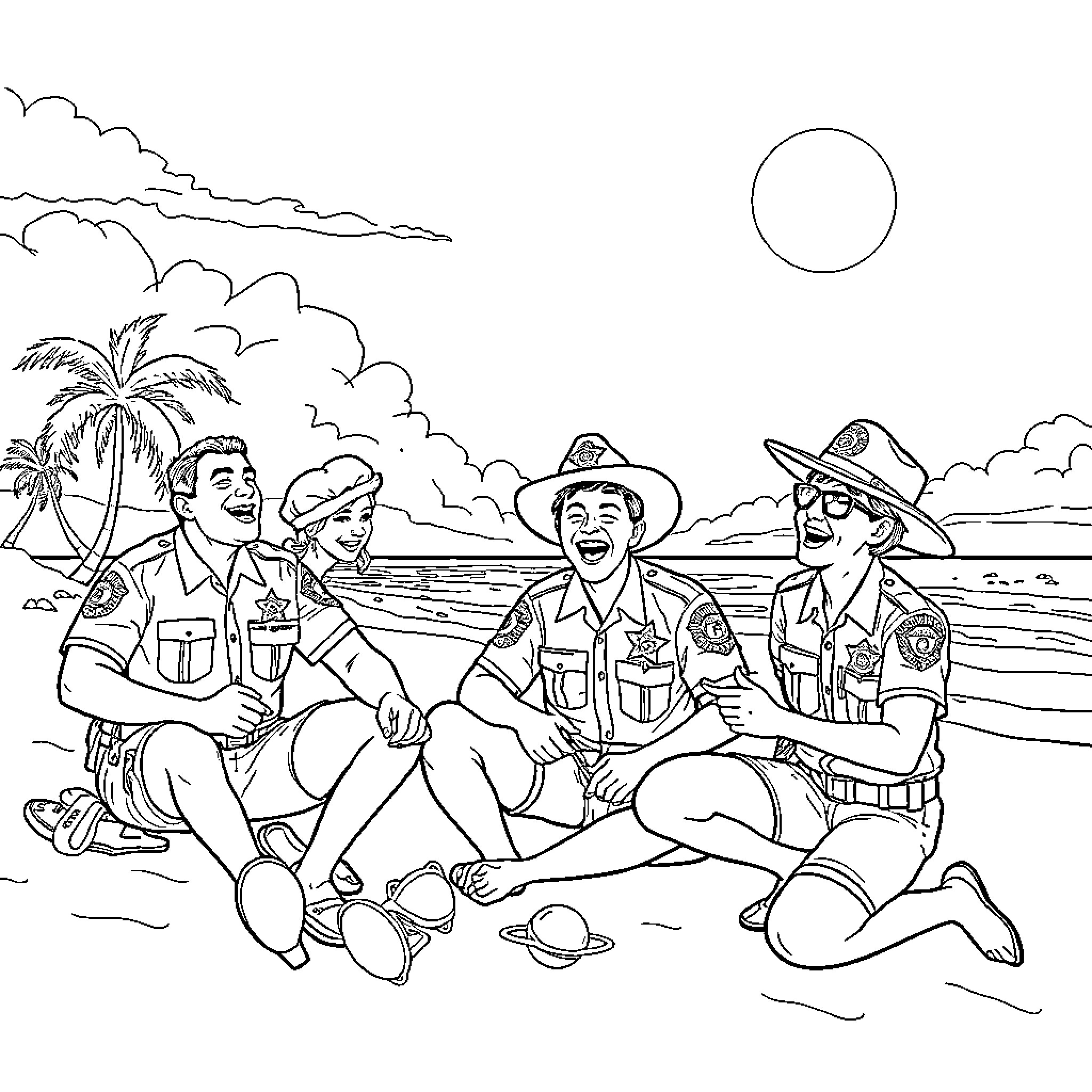 Sheriff Deputies Relaxing on the Beach Coloring Page (free black-and-white line drawing printable PDF for all, from beginners to advanced learners, including children, teens, adults, and seniors)