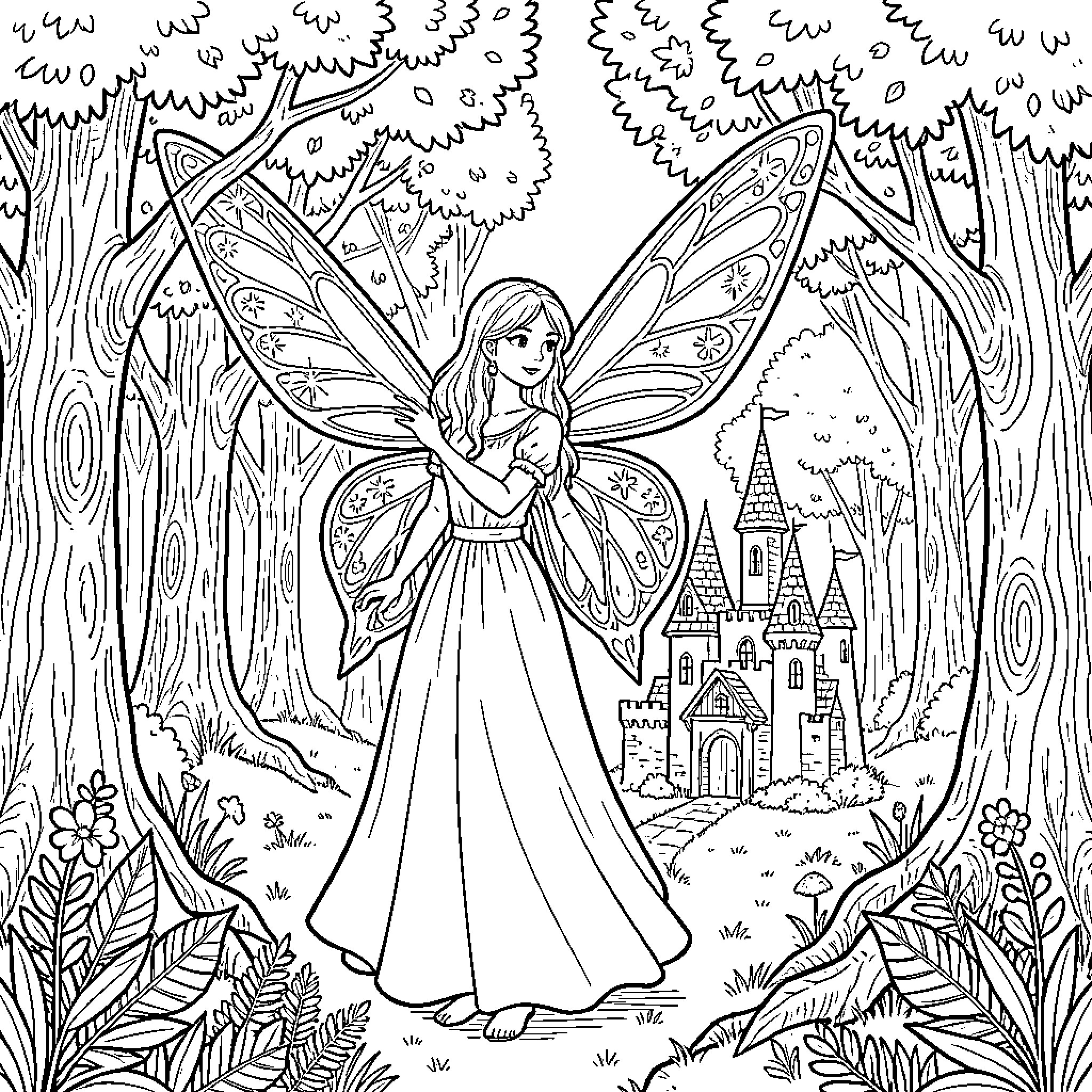Hada fairy standing gracefully in a magical forest Coloring Page (free black-and-white line drawing printable PDF for all, from beginners to advanced learners, including children, teens, adults, and seniors)