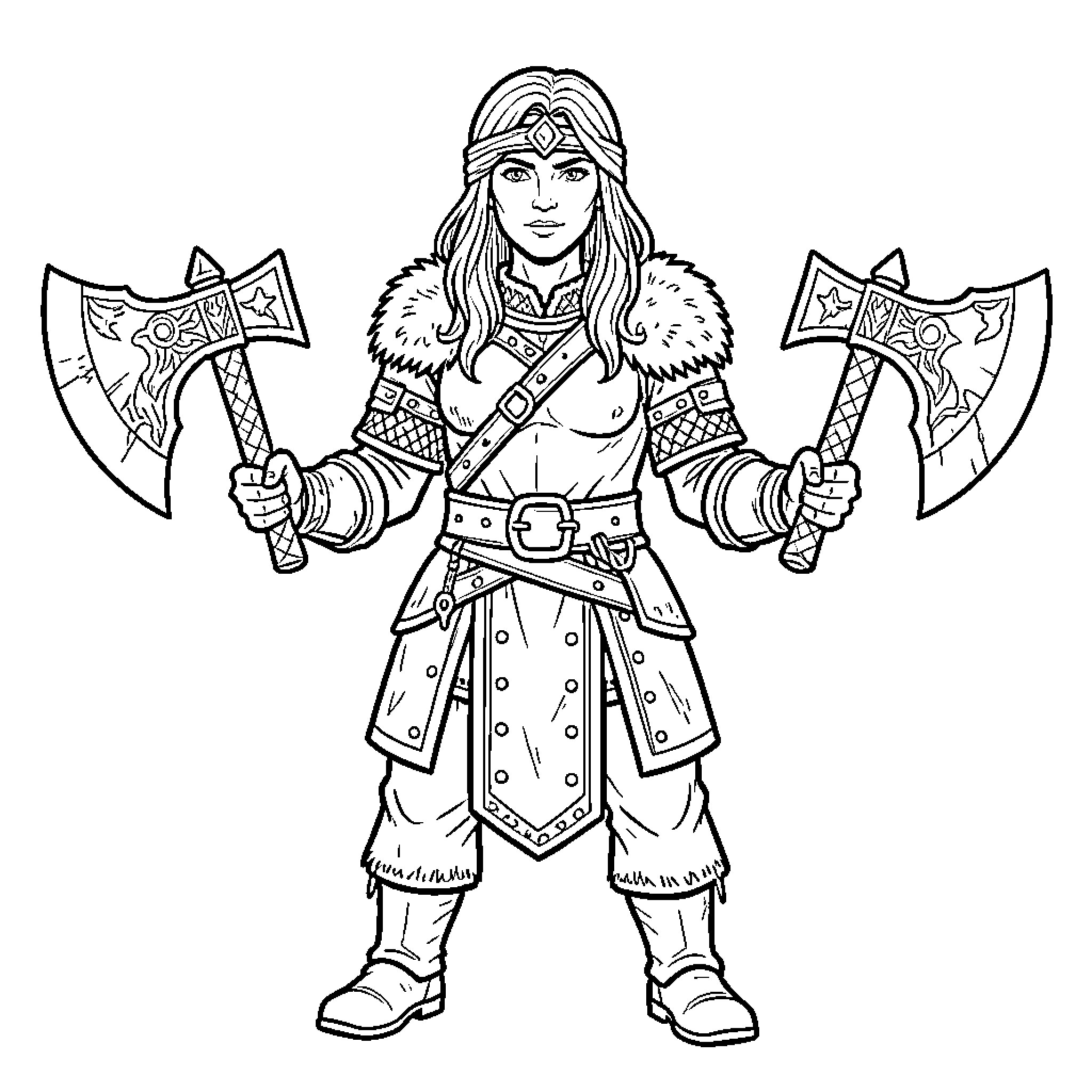 Viking Woman holding two axes in warrior pose Coloring Page (free black-and-white line drawing printable PDF for all, from beginners to advanced learners, including children, teens, adults, and seniors)