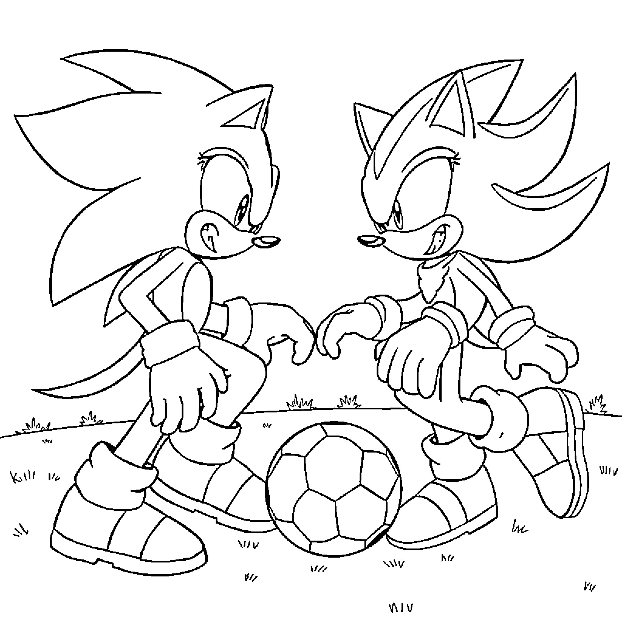 Sonic characters playing football together Coloring Page (free black-and-white line drawing printable PDF for all, from beginners to advanced learners, including children, teens, adults, and seniors)