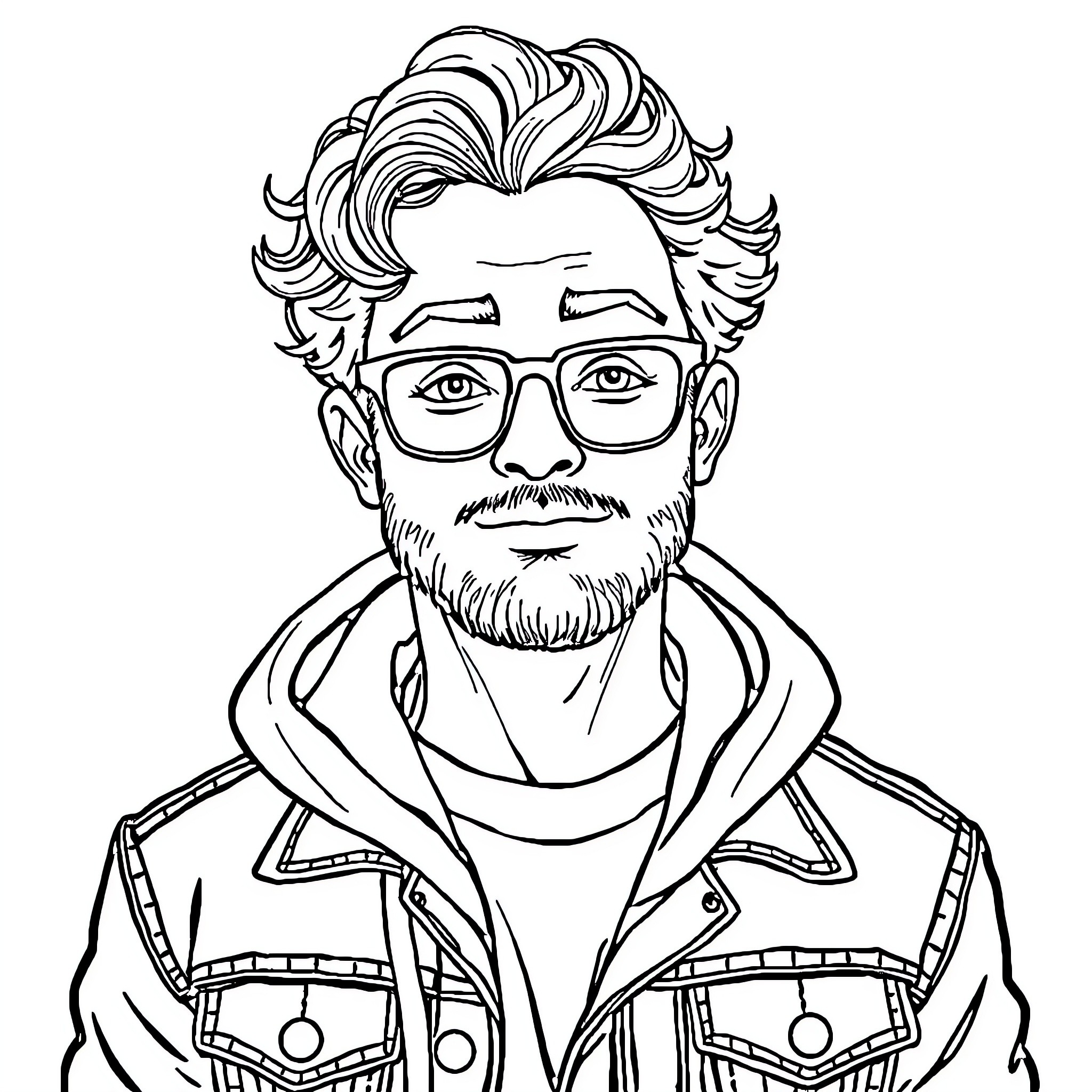 Man with stylish hairstyle and glasses in casual outfit Coloring Page (free black-and-white line drawing printable PDF for all, from beginners to advanced learners, including children, teens, adults, and seniors)