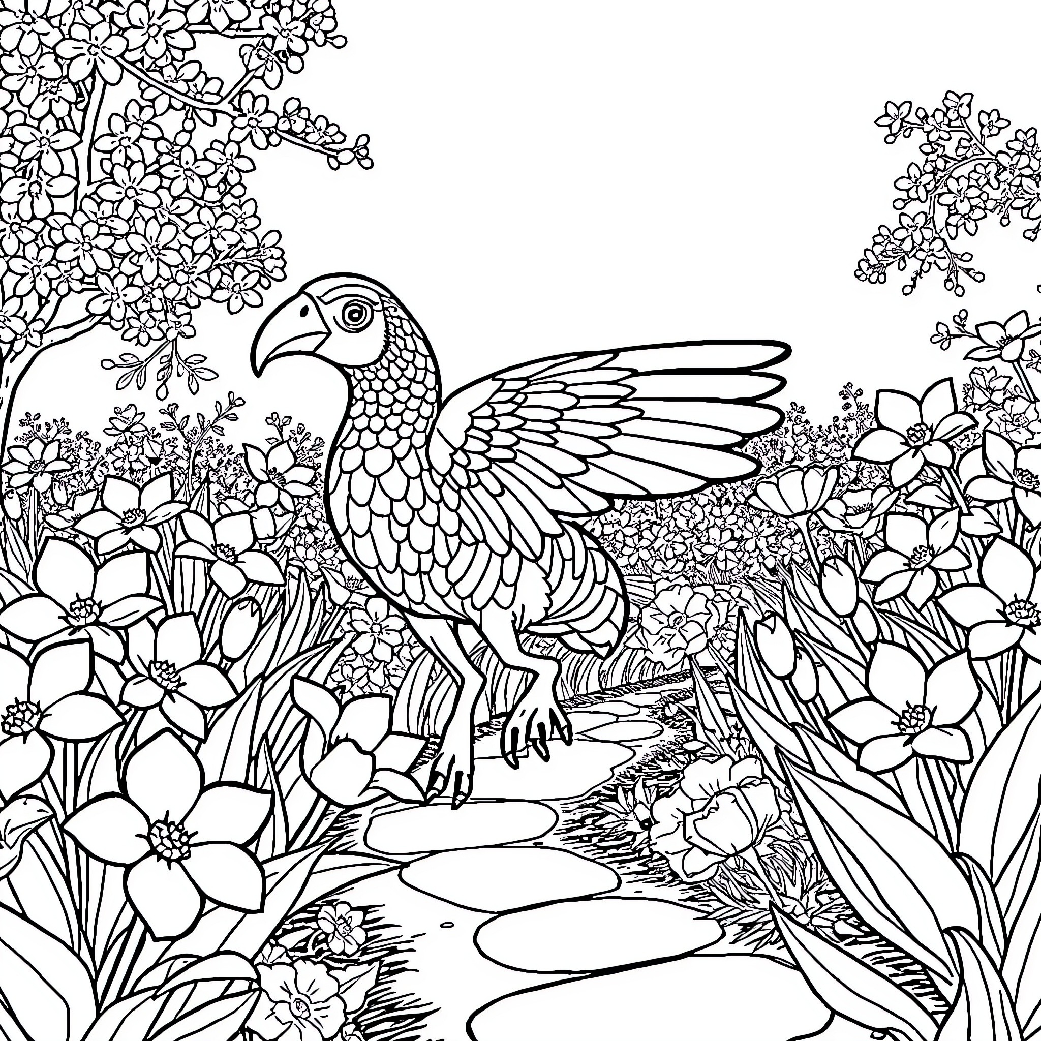 Goose in a Vibrant Floral Garden Coloring Page (free black-and-white line drawing printable PDF for all, from beginners to advanced learners, including children, teens, adults, and seniors)