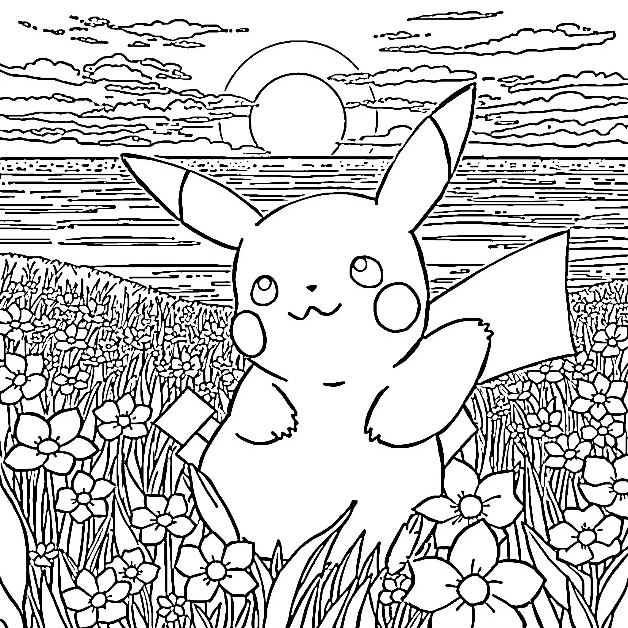 Pikachu enjoying the sunset in a beautiful nature scene Coloring Page (free black-and-white line drawing printable PDF for all, from beginners to advanced learners, including children, teens, adults, and seniors)